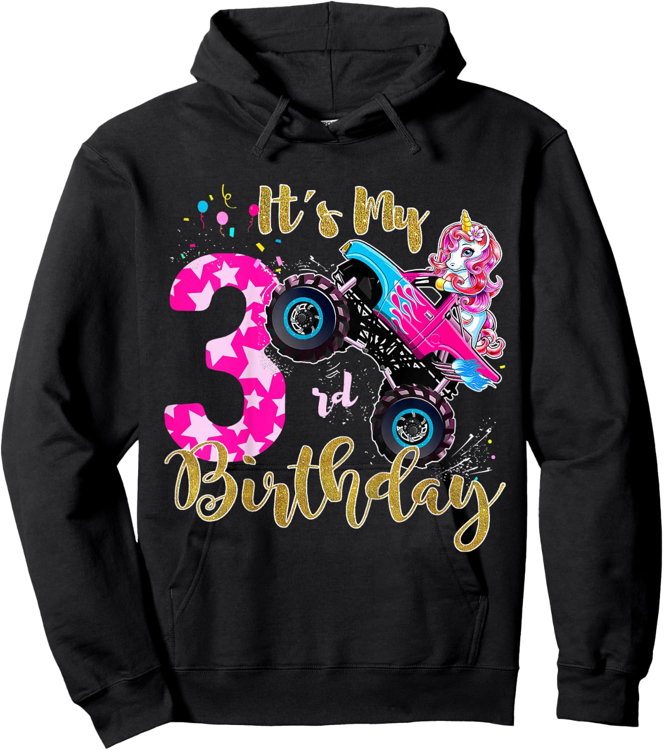 Kids Monster Truck Unicorn T Shirt Girls 3rd Birthday Daughter Hoodie - Hoodie | Black