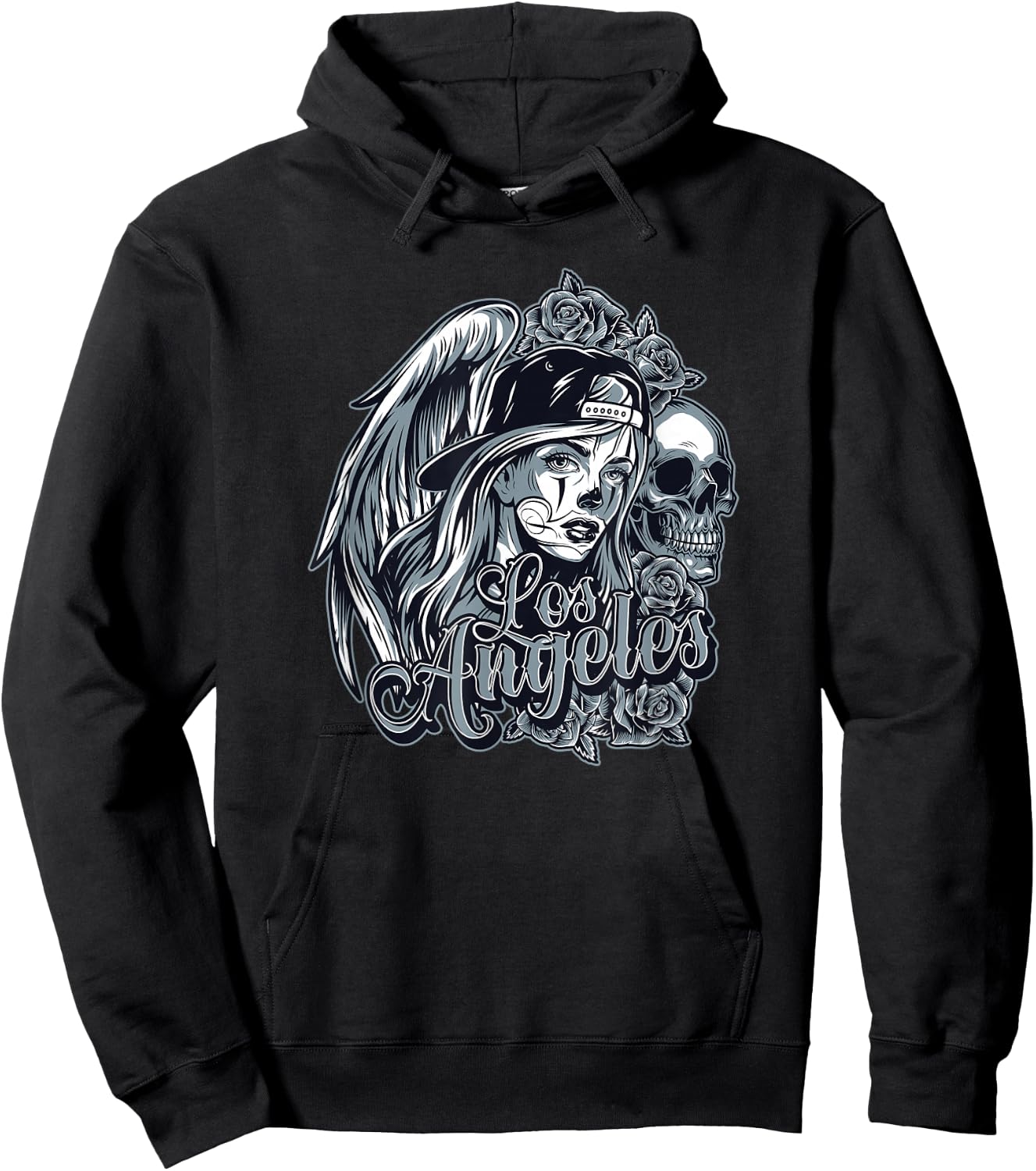 Los Angeles Chicana Design With Skulls Roses and Angel Wings Hoodie - Hoodie | Black