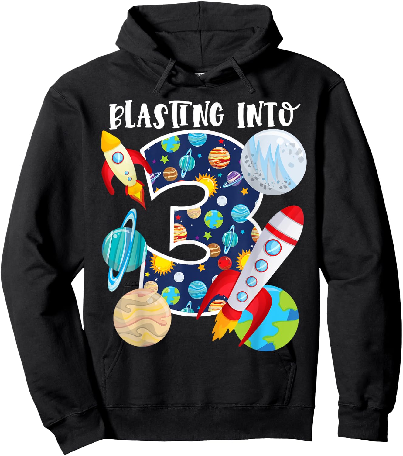 Blasting Into Outer Space 3 Year Old 3rd Birthday Party Kids Hoodie - Hoodie | Black