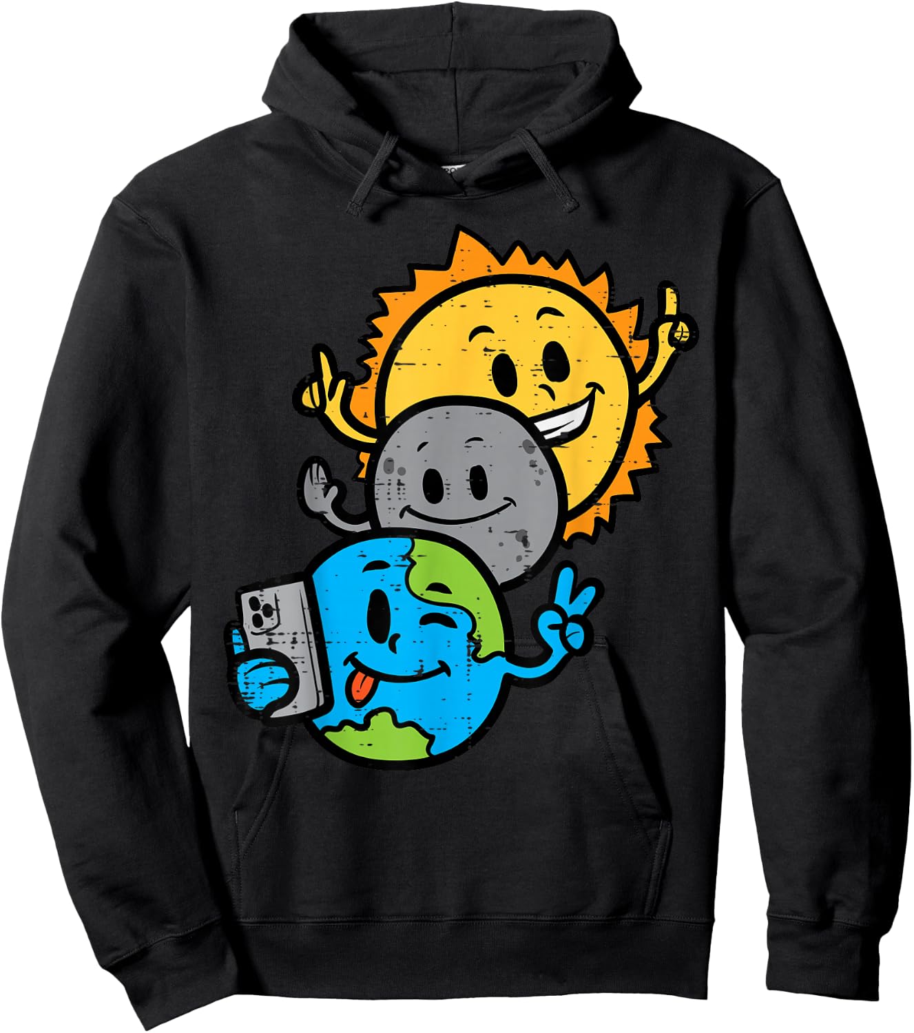 Selfie Earth Moon Sun Funny Total Solar Eclipse 2024 Kids Hoodie - Hoodie | Black