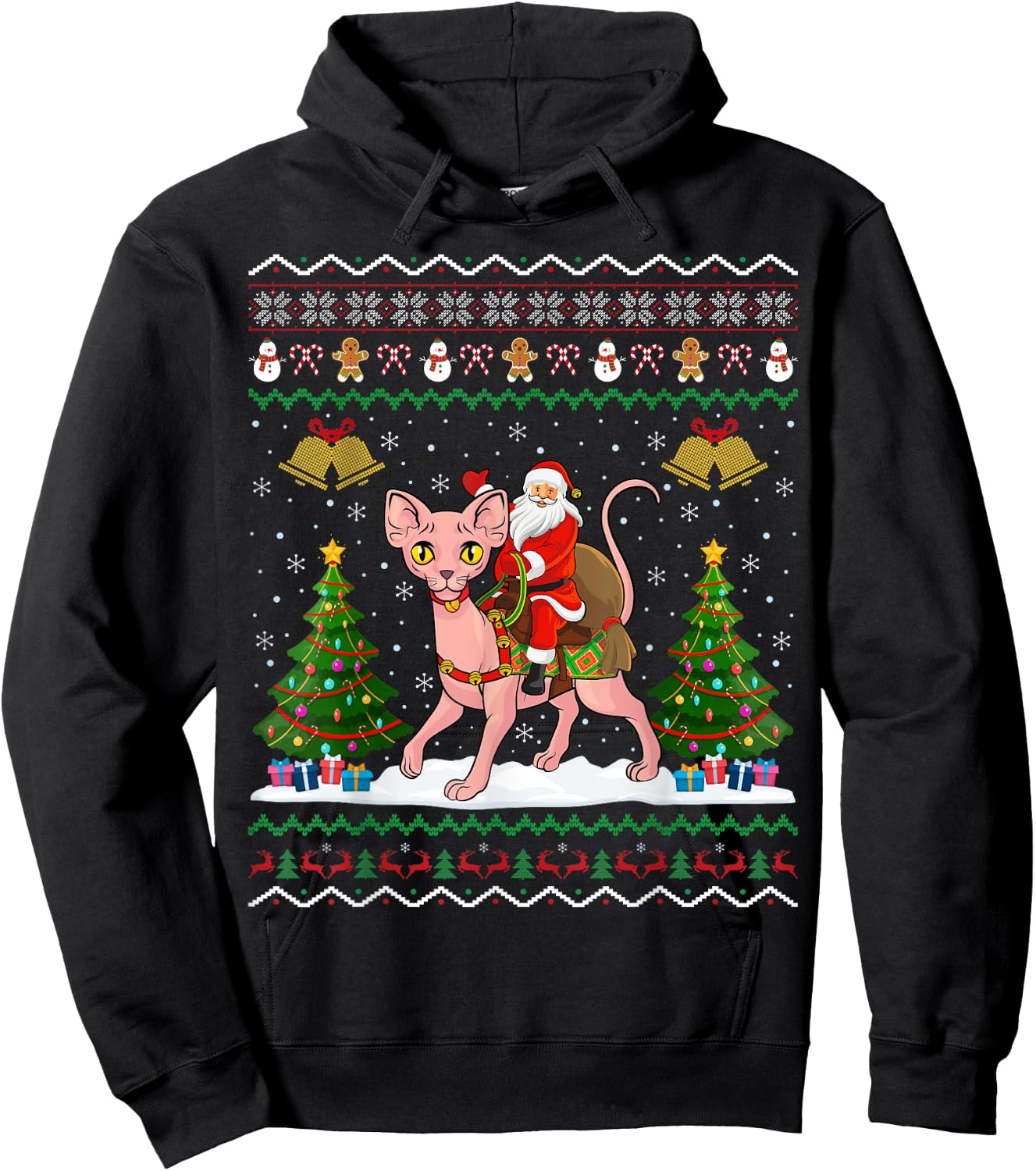 Ugly Sphynx Cat Xmas Gift Santa Riding Sphynx Cat Christmas Women Kids Hoodie - Hoodie | Black
