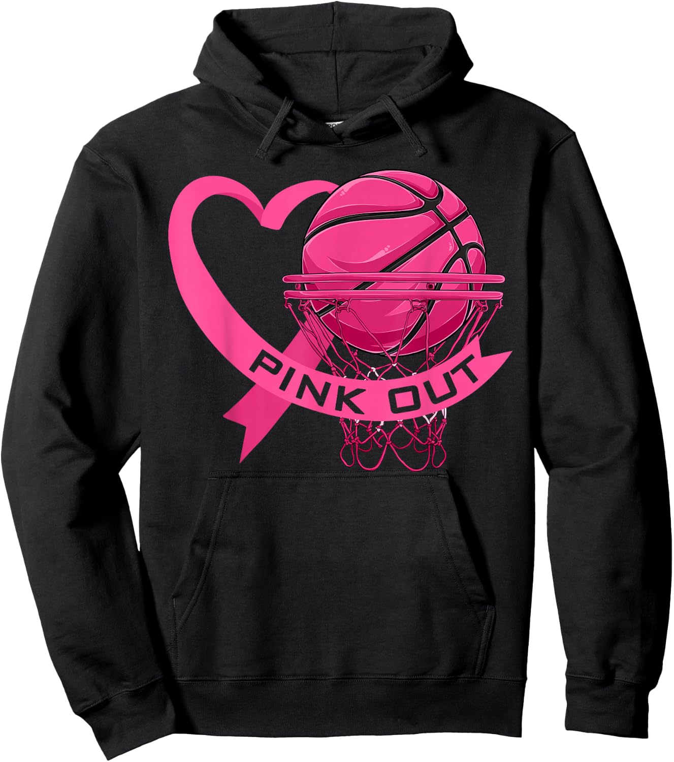 Pink Out Breast Cancer Pink Ribbon Heart & Basketball Ball Hoodie - Hoodie | Black