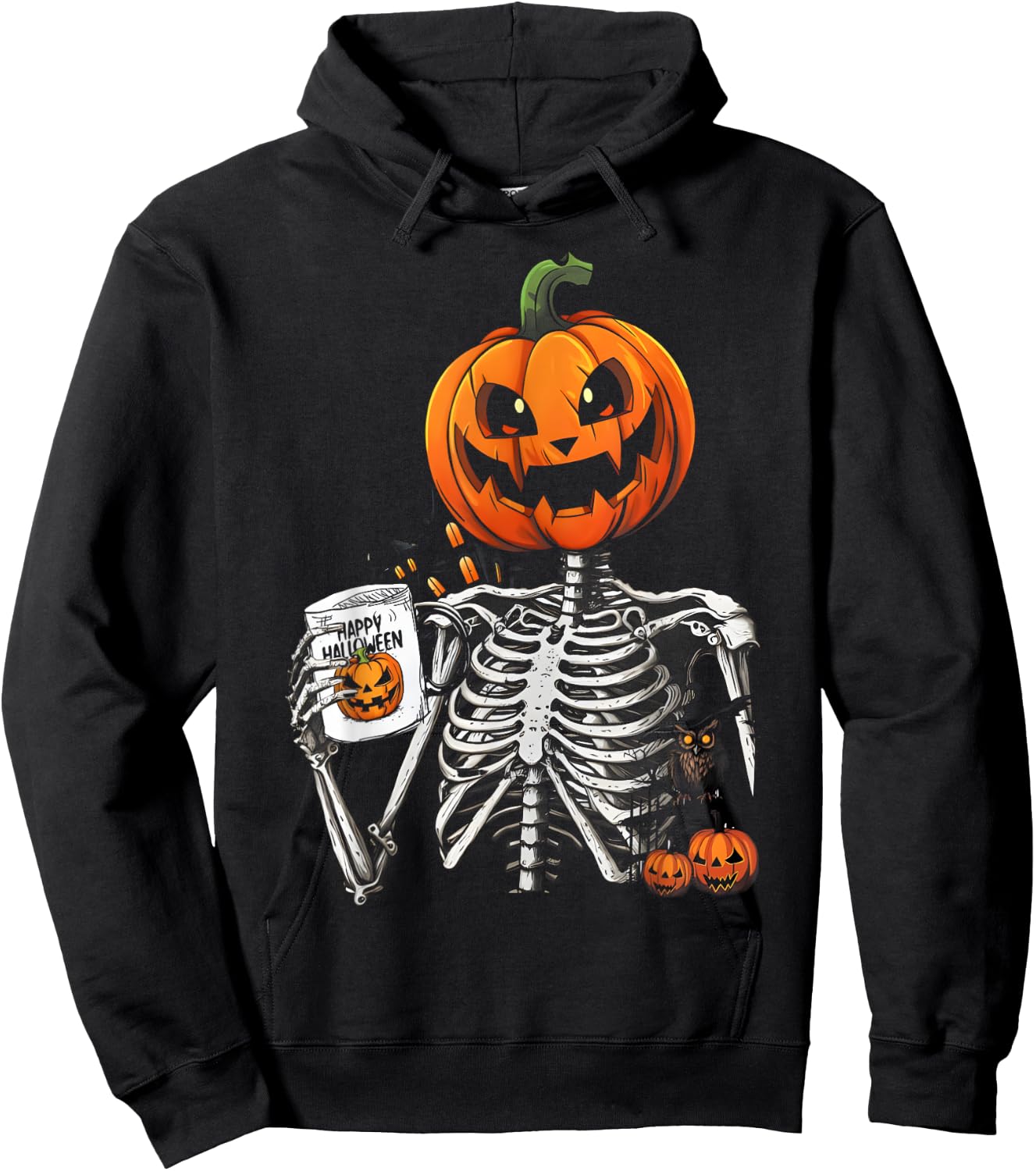 Coffee Drinking Skeleton Pumpkin Halloween Costume Women Men Hoodie - Hoodie | Black
