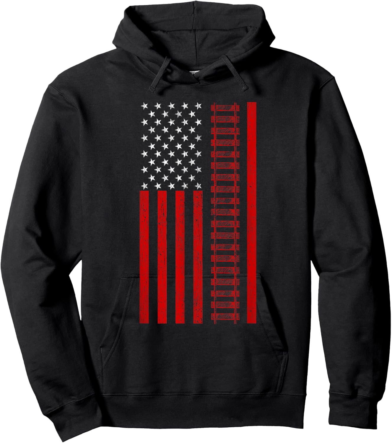 American Railroad Worker Flag With Train Tracks Distressed Hoodie - Hoodie | Black