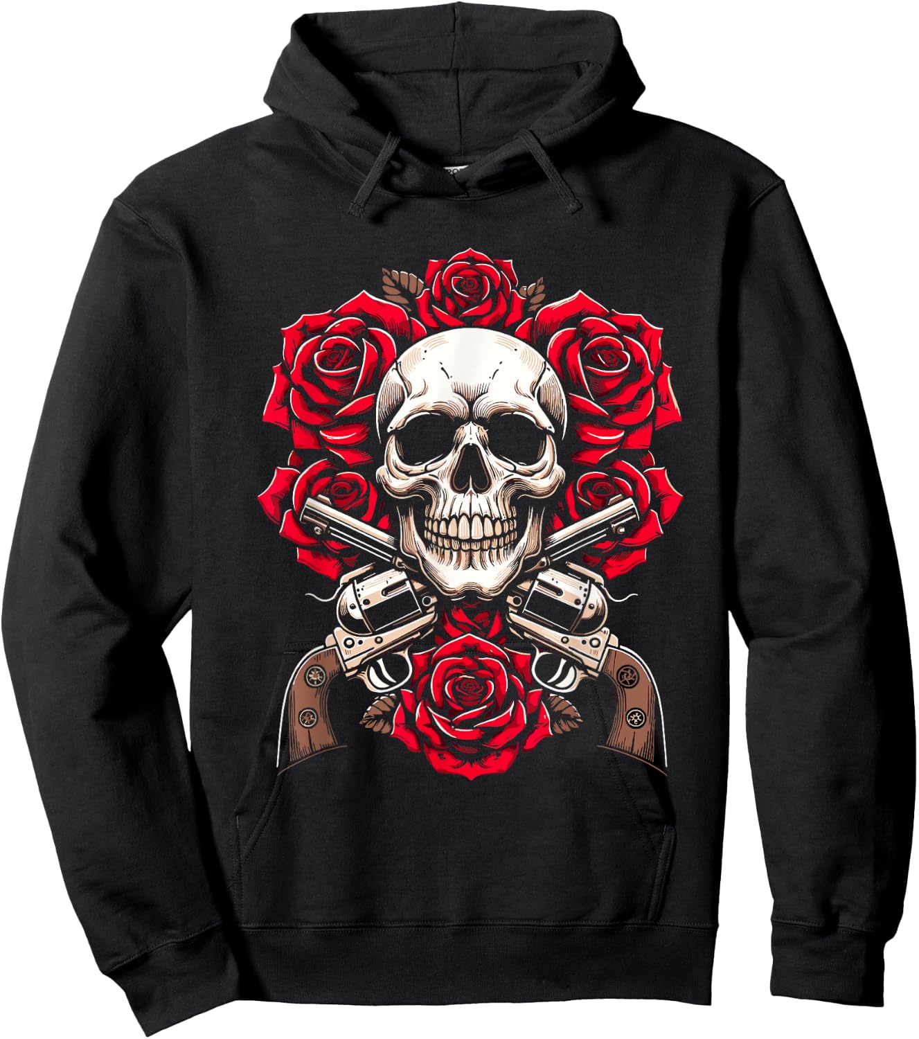 Guitar 80s Glam Rock - 1980s Skeleton Roses Skull Guns Hoodie - Hoodie | Black