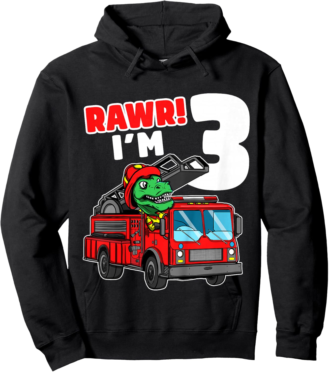 Kids Dinosaur Fire Truck 3rd Birthday Boy 3 T-Rex Firefighter Hoodie - Hoodie | Black