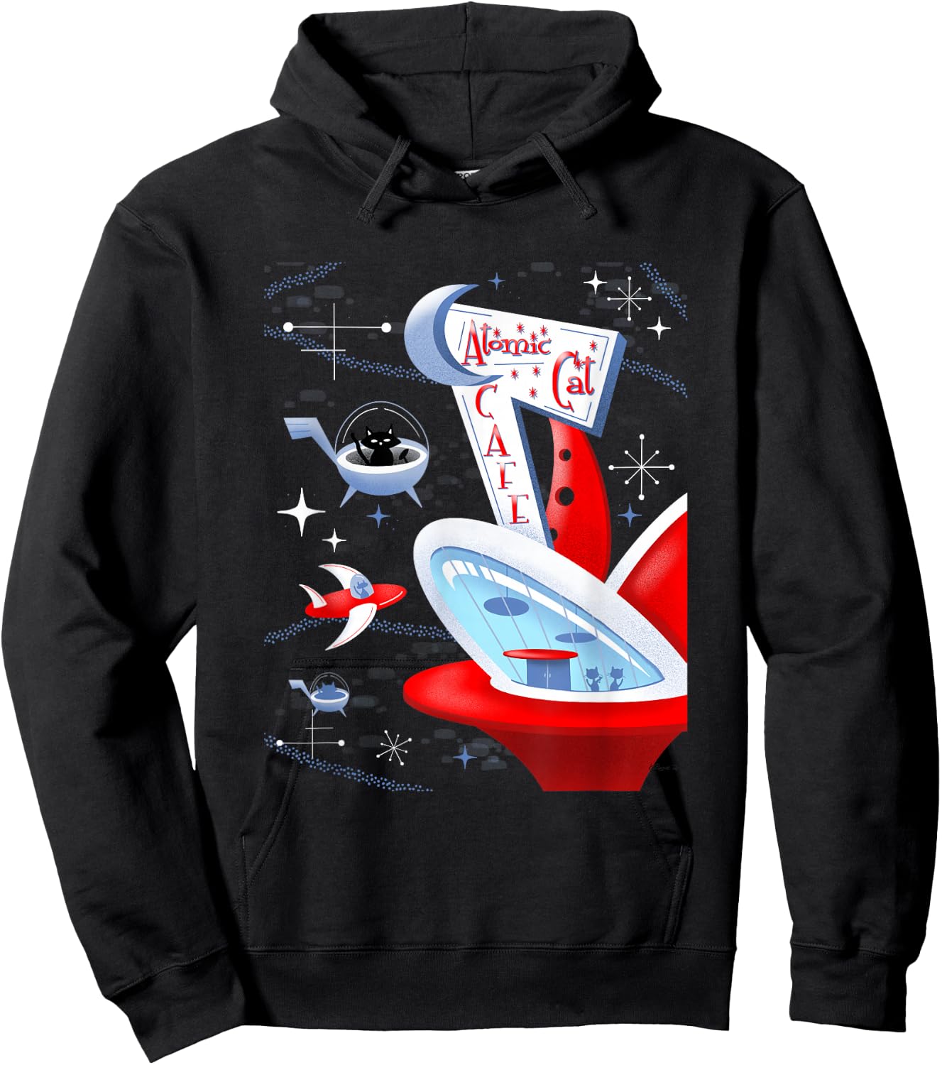 Funny Atomic Cat Cafe Retro Futuristic Spaceport Mid Century Hoodie - Hoodie | Black