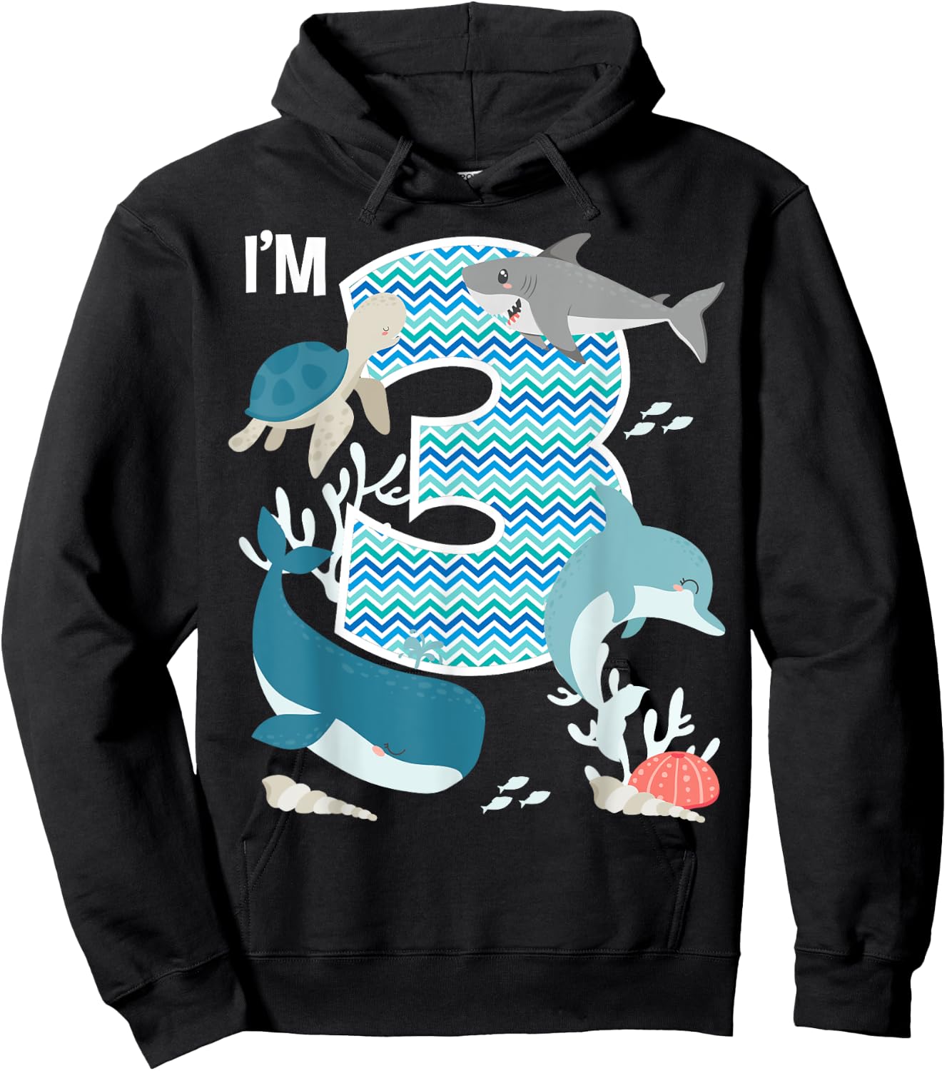 Kids 3 Year Old Ocean Life Whale Dolphin Shark 3rd Birthday Hoodie - Hoodie | Black