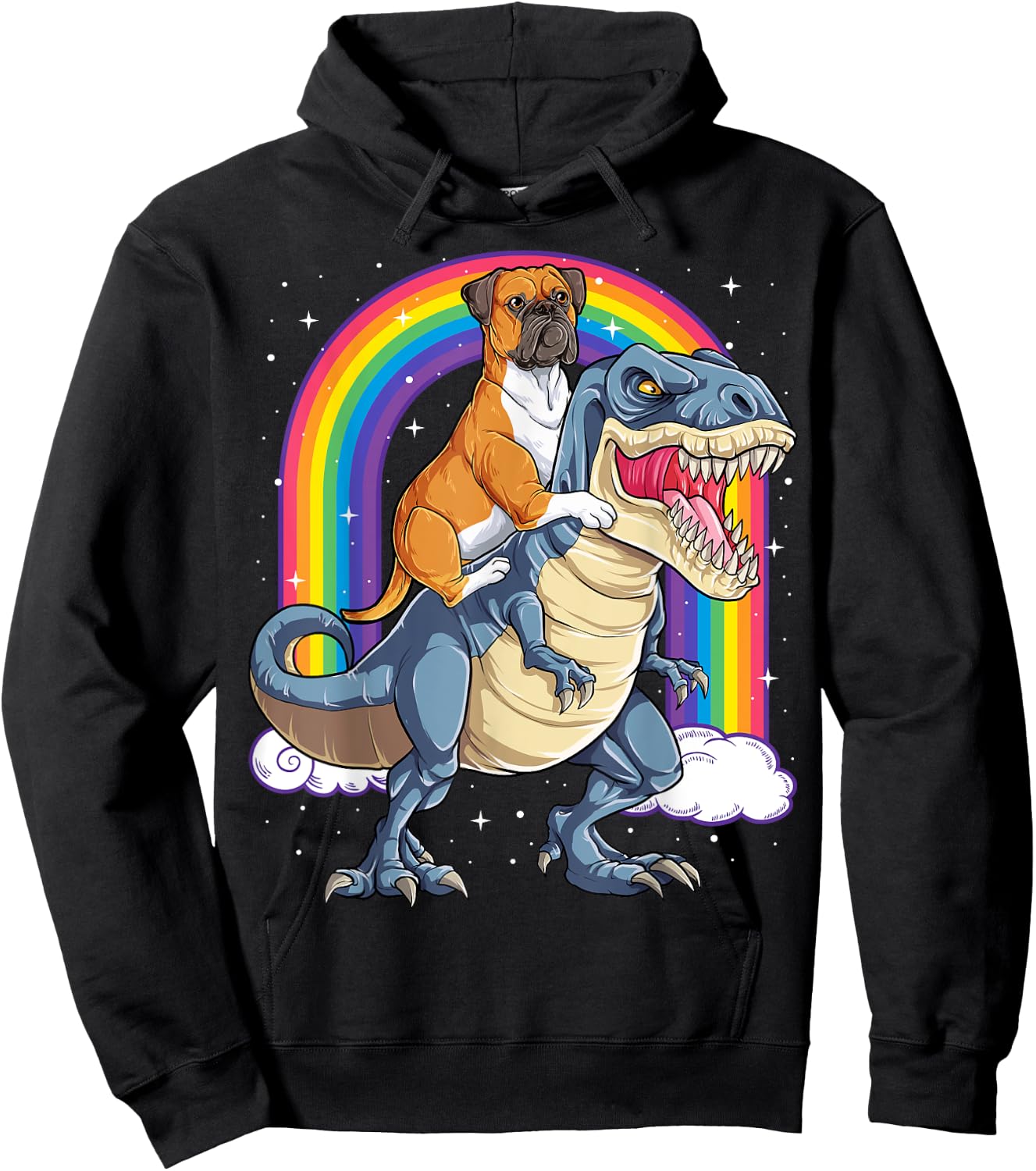 Boxer Riding Dinosaur T-rex Gift Dog Lover Boys Kids Rainbow Hoodie - Hoodie | Black
