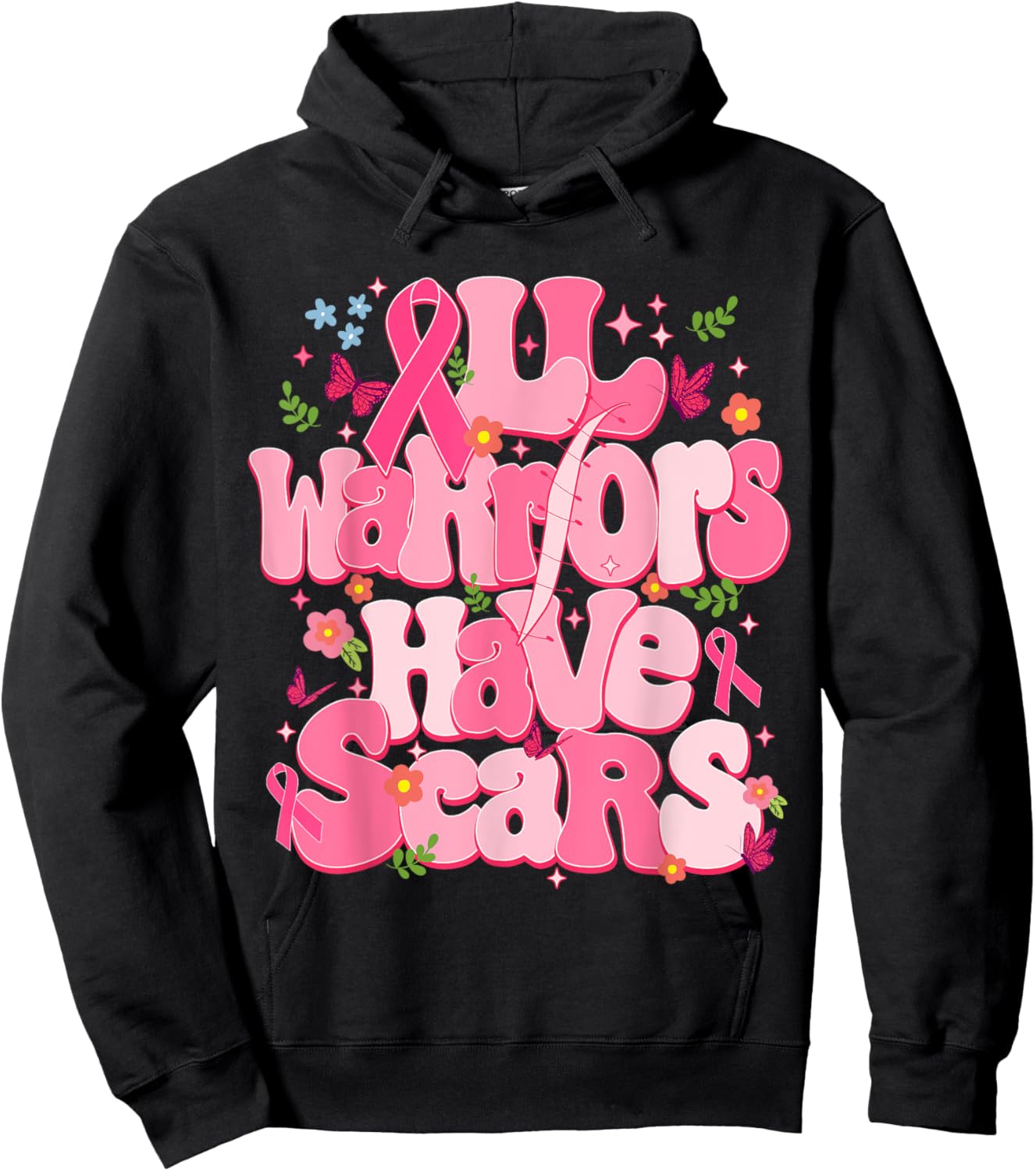 All Warriors Have Scars Pink Ribbon Breast Cancer Awareness Hoodie - Hoodie | Black