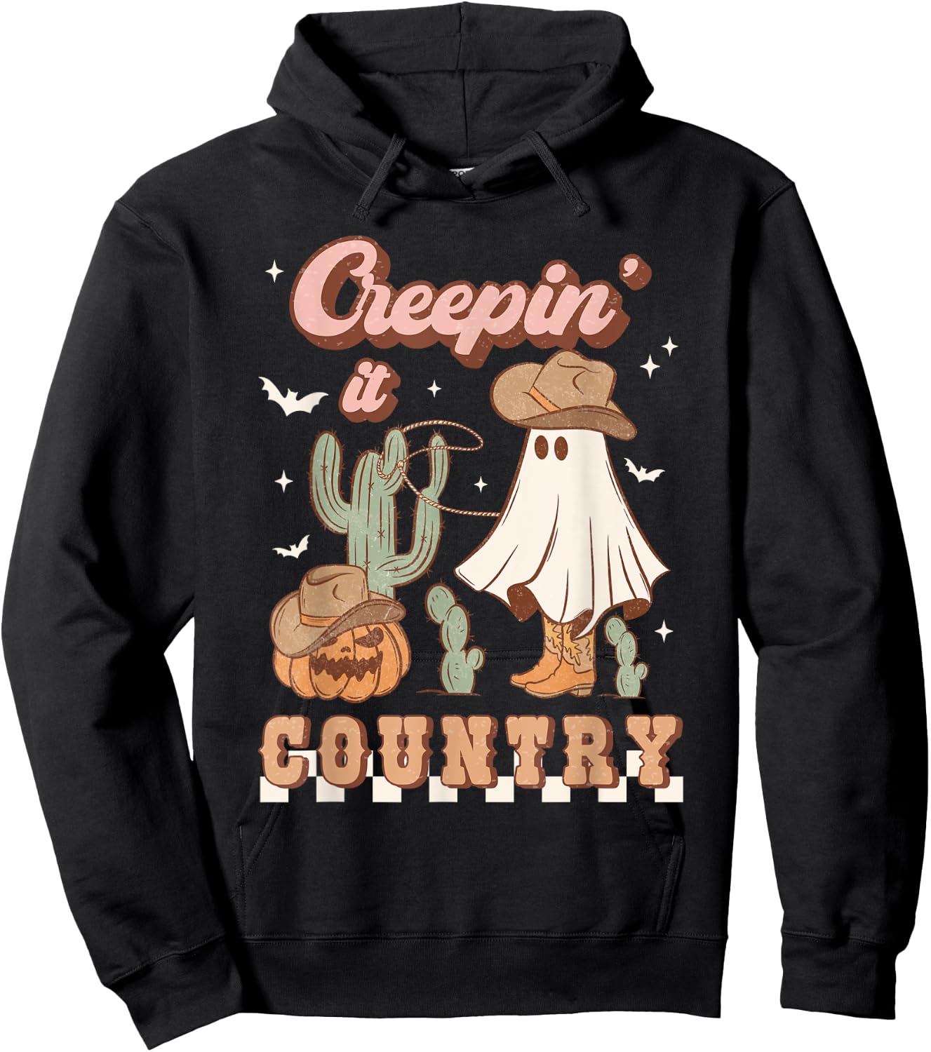 Retro Halloween Cowgirl Ghost Western Creepin' It Country Hoodie - Hoodie | Black