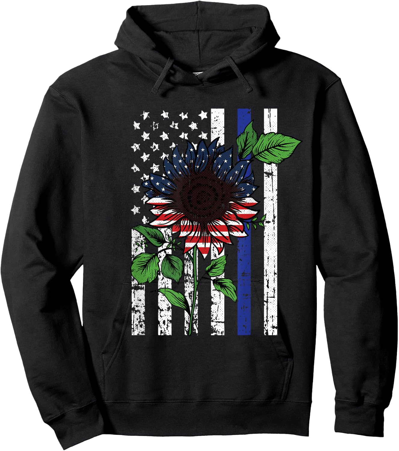 Sunflower American Flag 4th Of July Blue Line USA Police Hoodie - Hoodie | Black