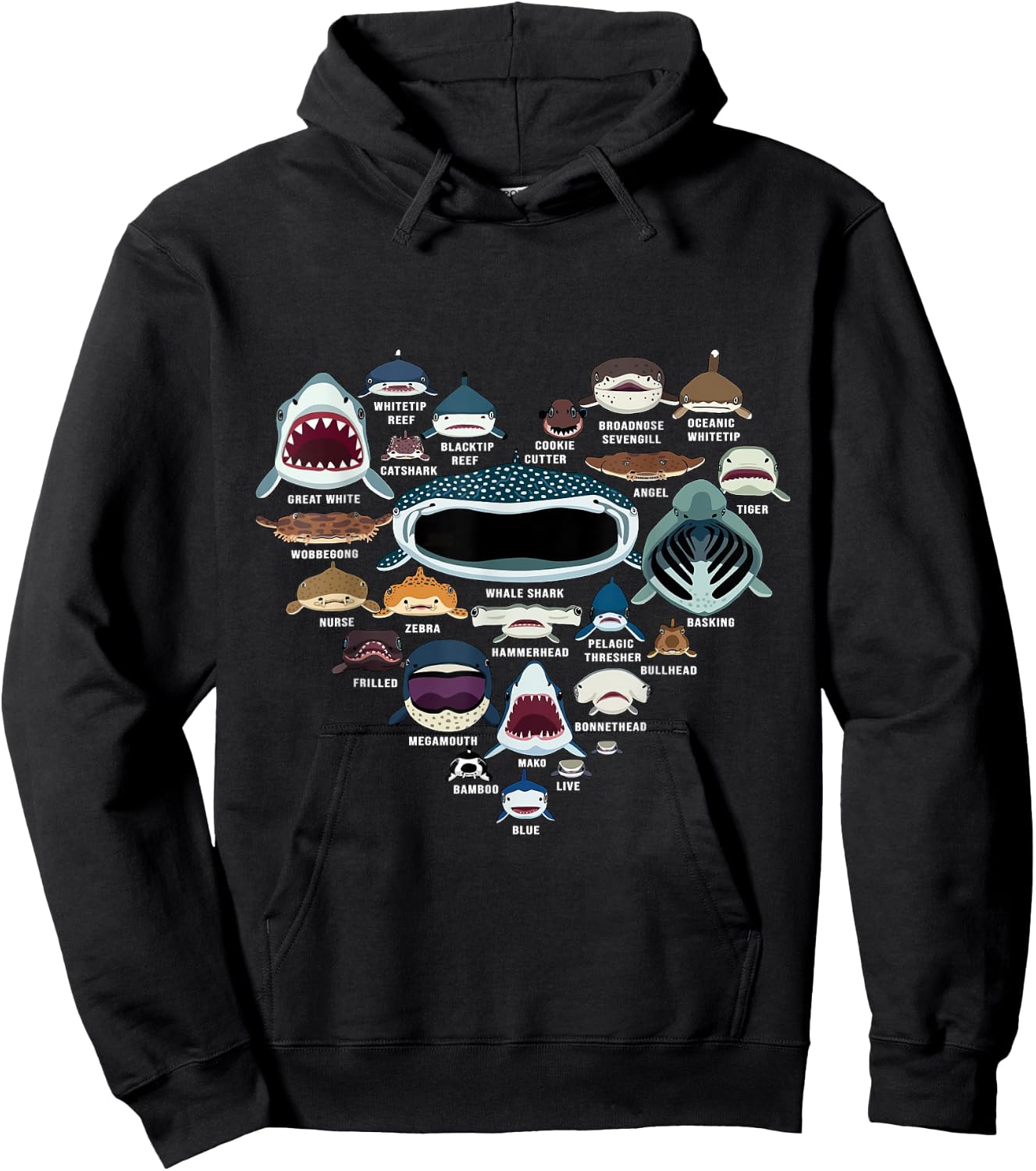 Types Of Shark Identification - Shark Faces - Shark Heart Hoodie - Hoodie | Black