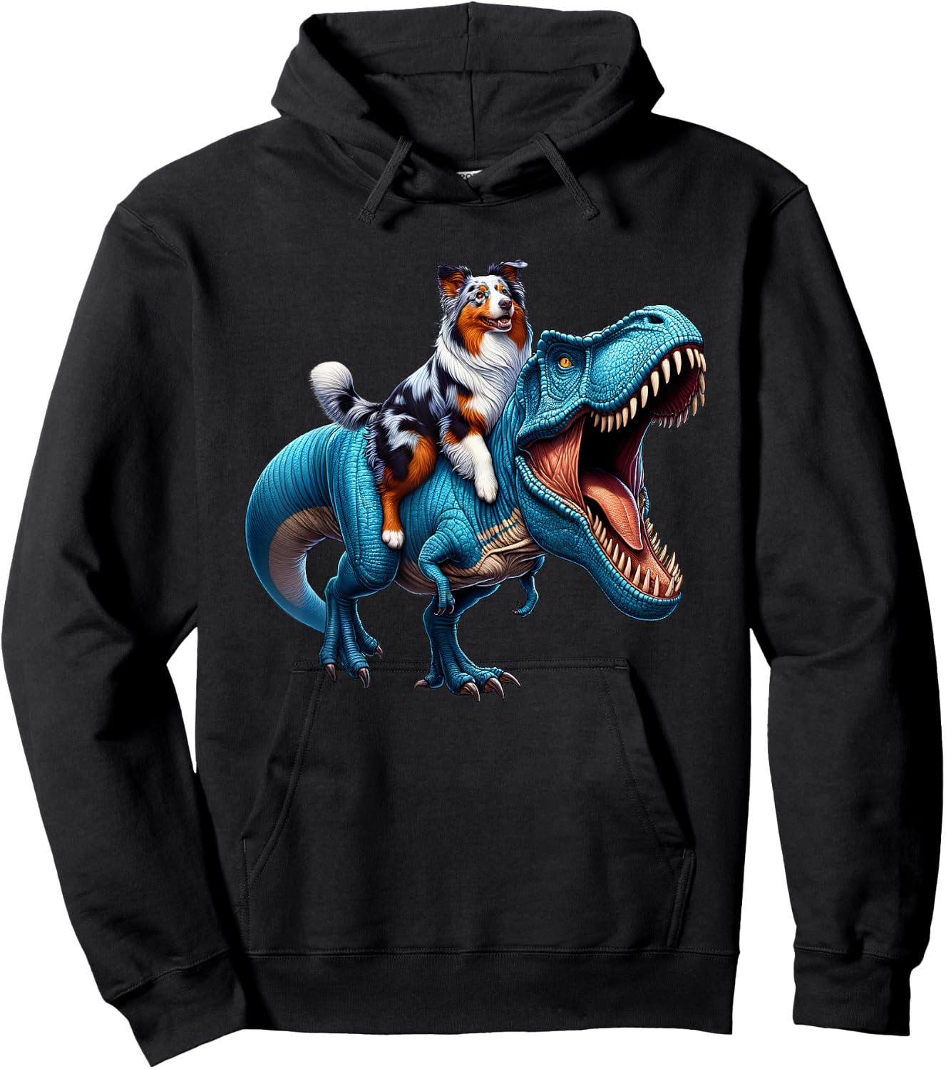 Australian Shepherd Riding T-Rex Dinosaur Funny Dog Lover Hoodie - Hoodie | Black