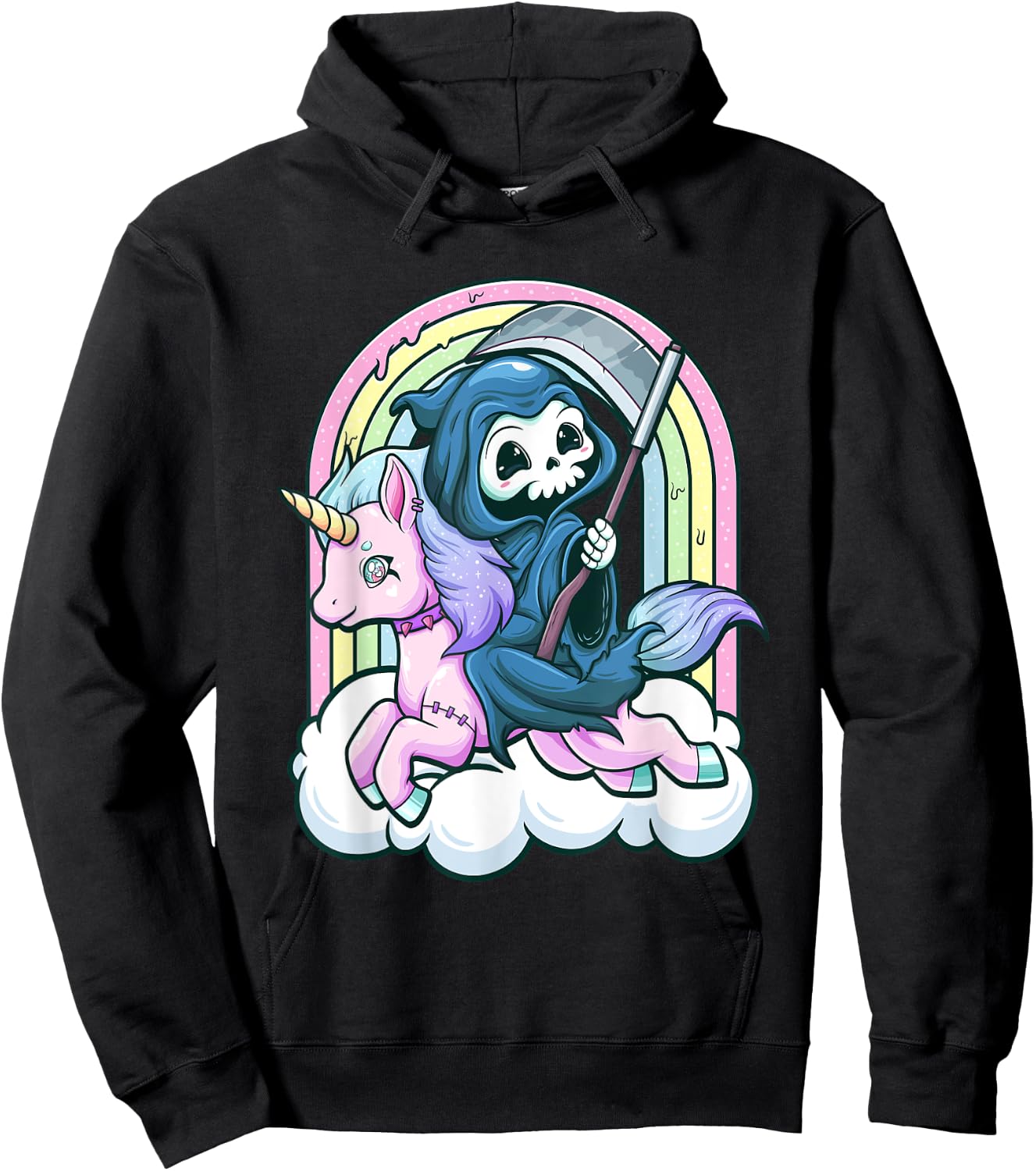Kawaii Pastel Goth Cute Creepy Unicorn Grim Reaper Hoodie - Hoodie | Black
