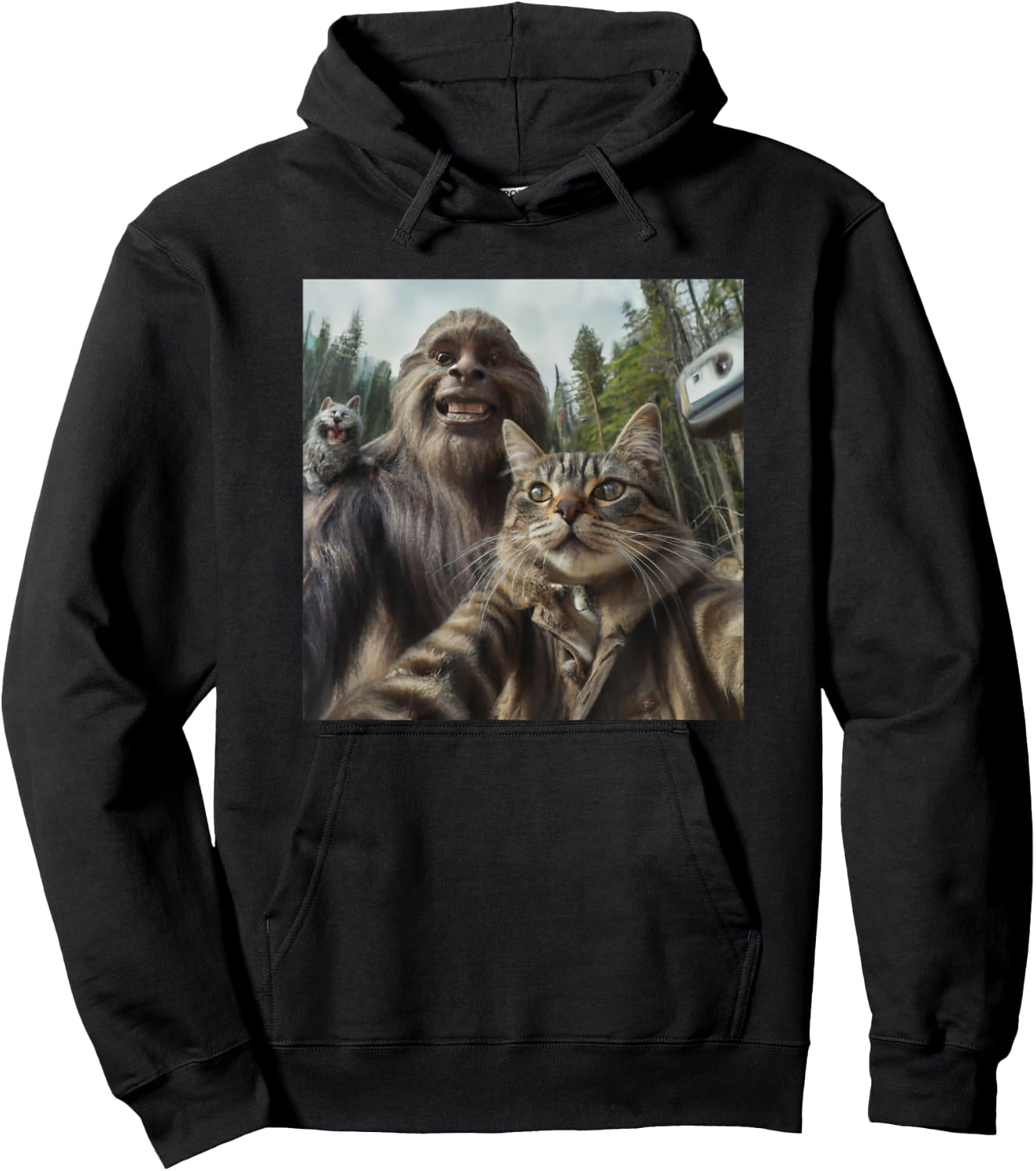Cat Bigfoot Sasquatch Selfie Photo Funny Retro Classic Humor Hoodie - Hoodie | Black