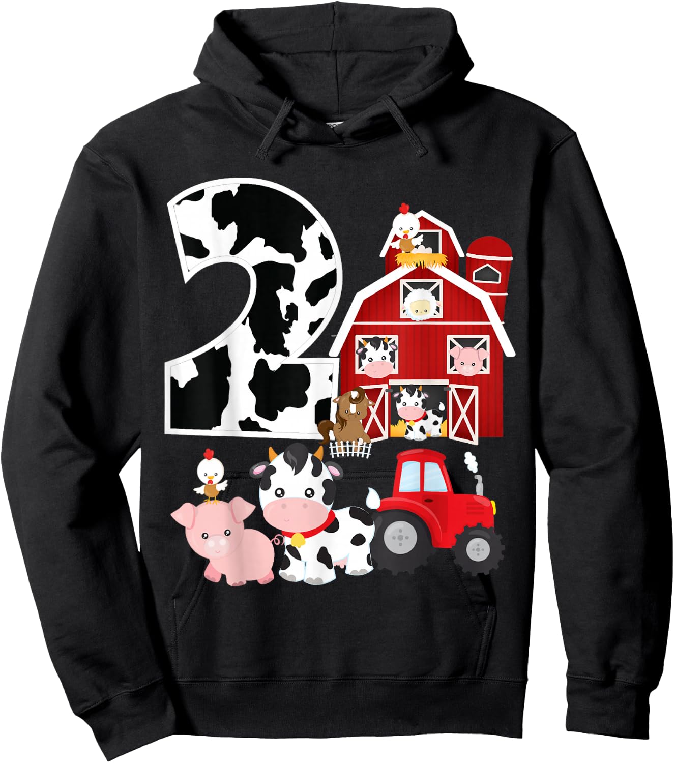 Farm Barnyard Theme Pig Cow Horse 2nd Birthday 2 Yrs Old Hoodie - Hoodie | Black