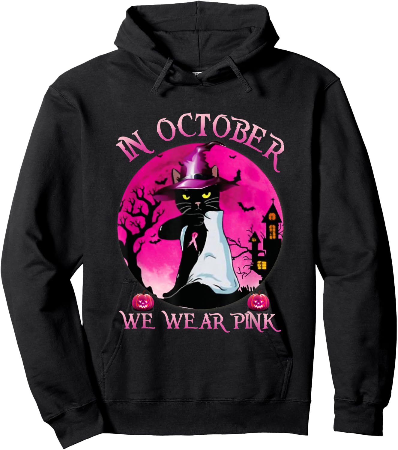 Black Cat In October We Wear Pink Funny Halloween Gifts Hoodie - Hoodie | Black