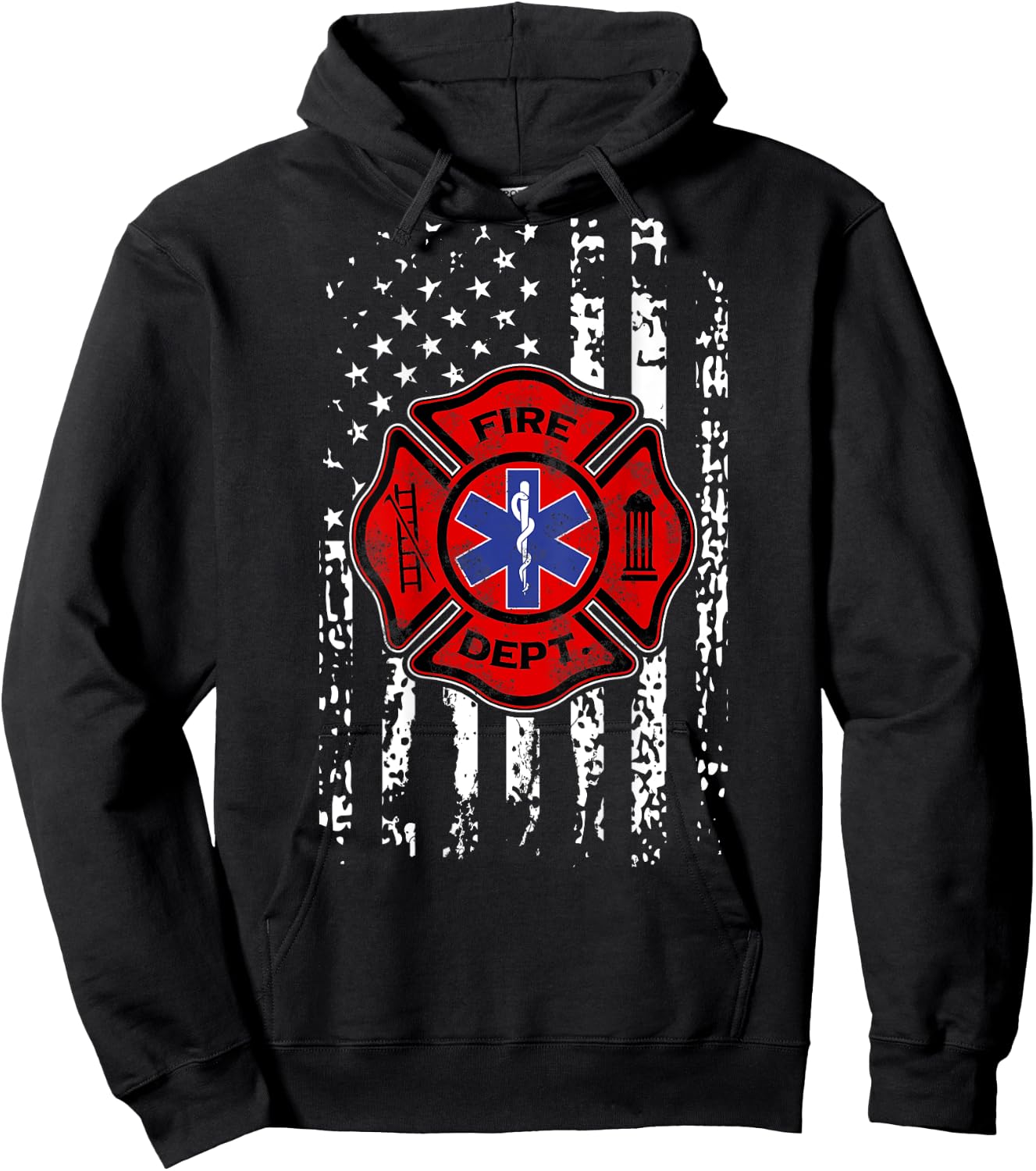 EMT Firefighter Shirt Fireman EMS USA Flag Gift Back Print Hoodie - Hoodie | Black
