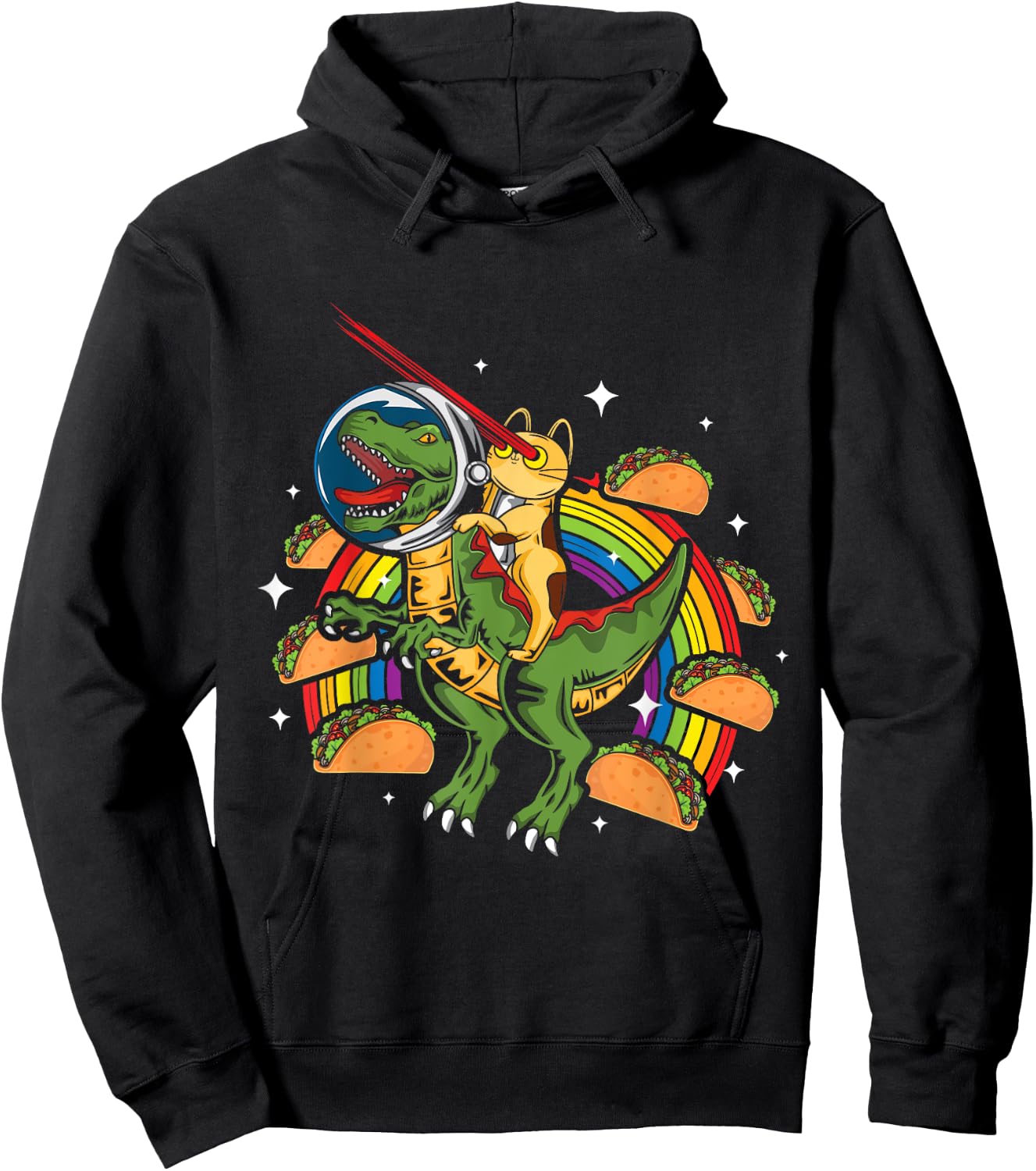 Crazy T-Rex Riding Cat Laser Eye Taco Rainbow Space Dinosaur Women Girls Kids Hoodie - Hoodie | Black