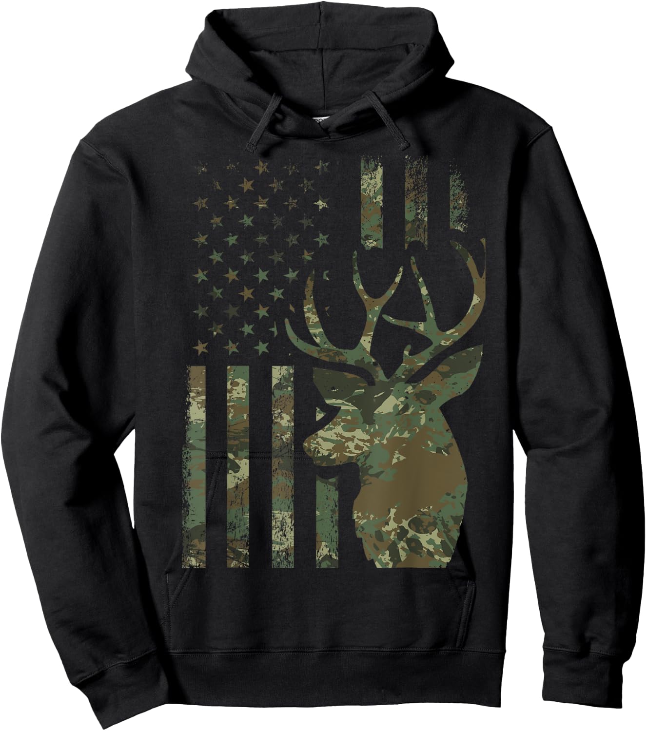 Camo American Flag Buck Hunting Gift Elk Deer Hunter Men Hoodie - Hoodie | Black