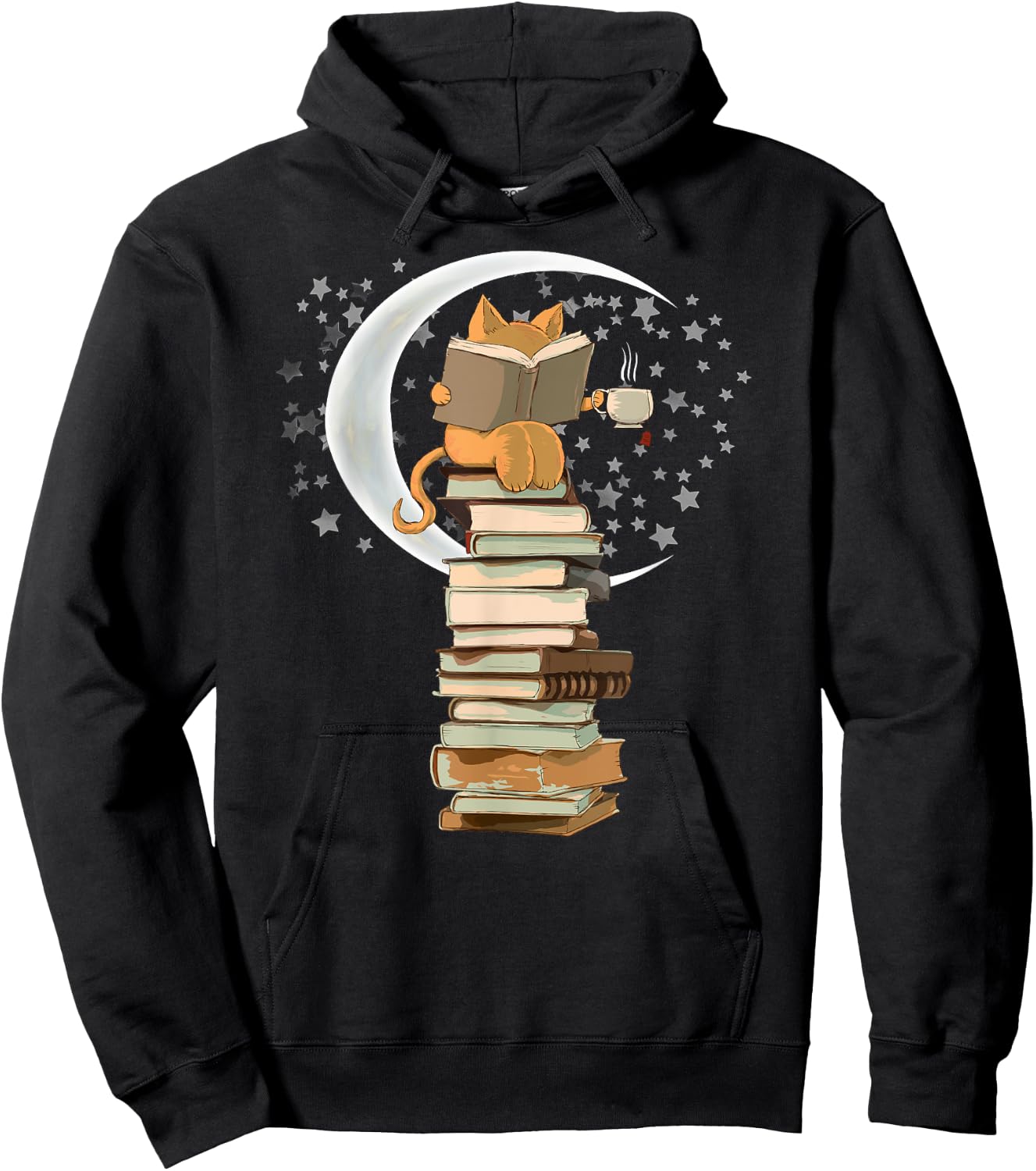 Kawaii Reading by moonlight, books, coffee and cute cat Men Women Girls Kids Hoodie - Hoodie | Black