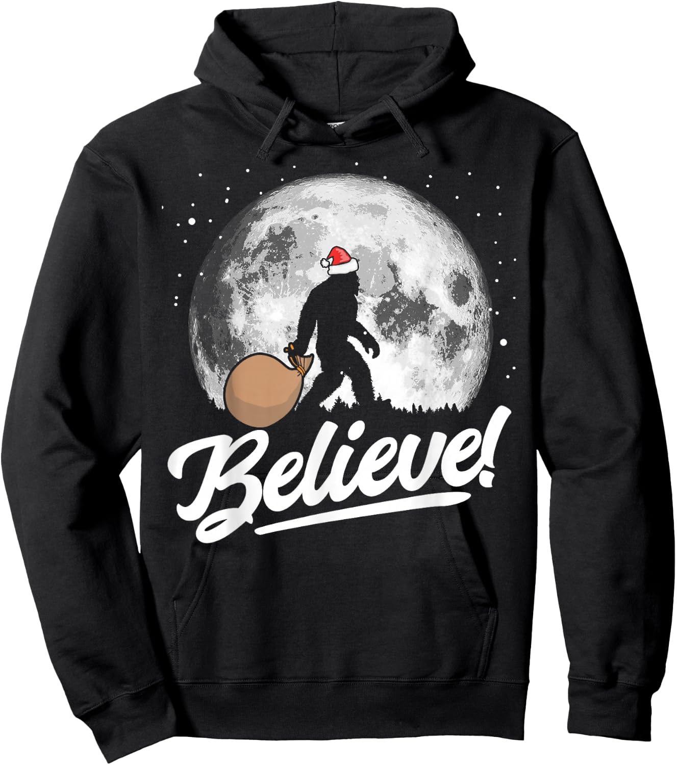 Believe! Santa Bigfoot Christmas Snow & Moon Night Graphic Hoodie - Hoodie | Black