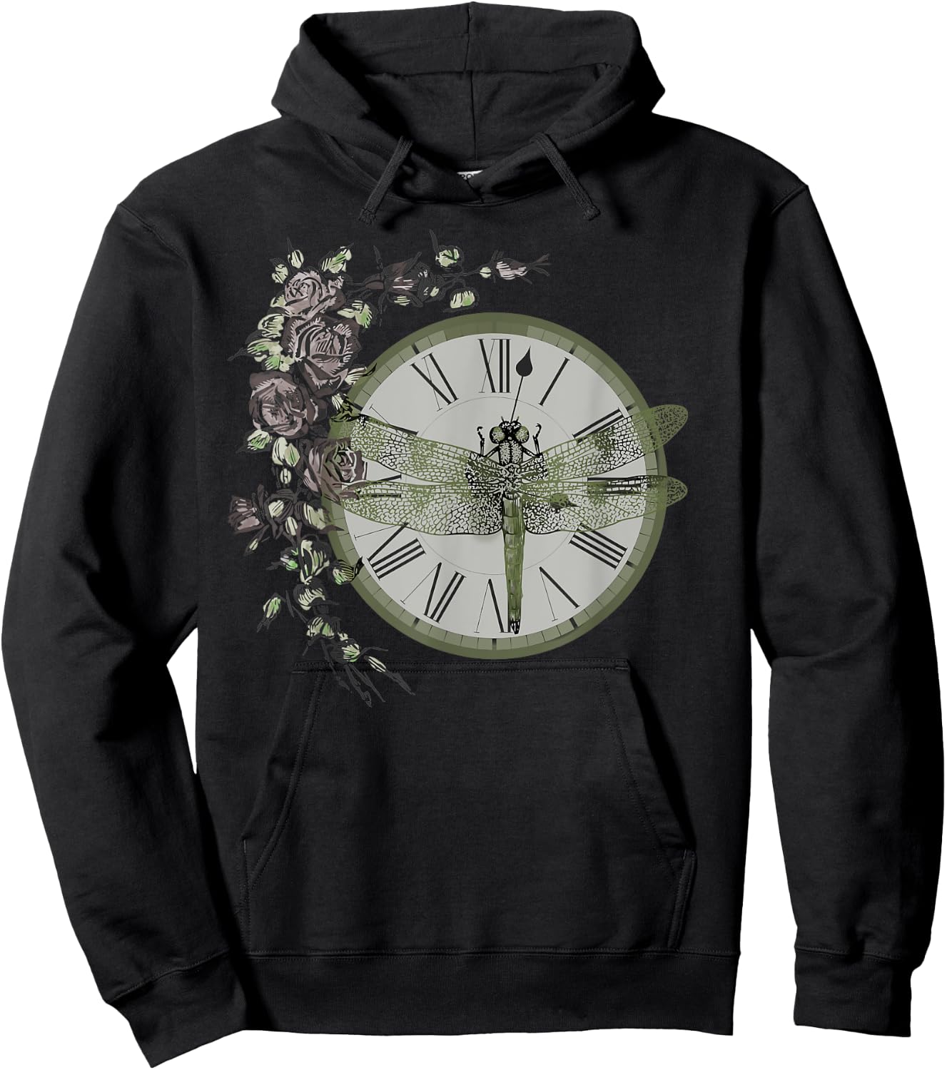 Dragonfly Resting on a Vintage Clock Adorned with Roses Hoodie - Hoodie | Black