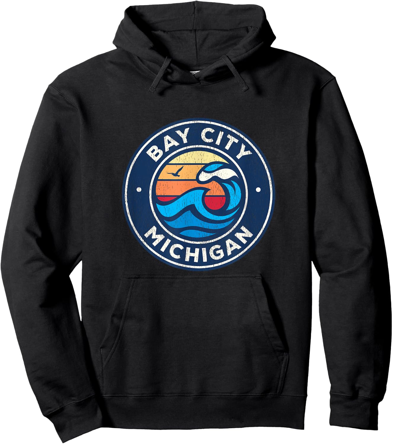Bay City Michigan MI Vintage Nautical Waves Design Hoodie - Hoodie | Black