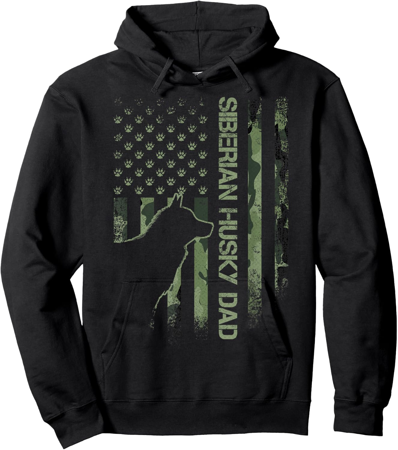 Vintage USA Camo Flag Proud Siberian Husky Dad Silhouette Hoodie - Hoodie | Black
