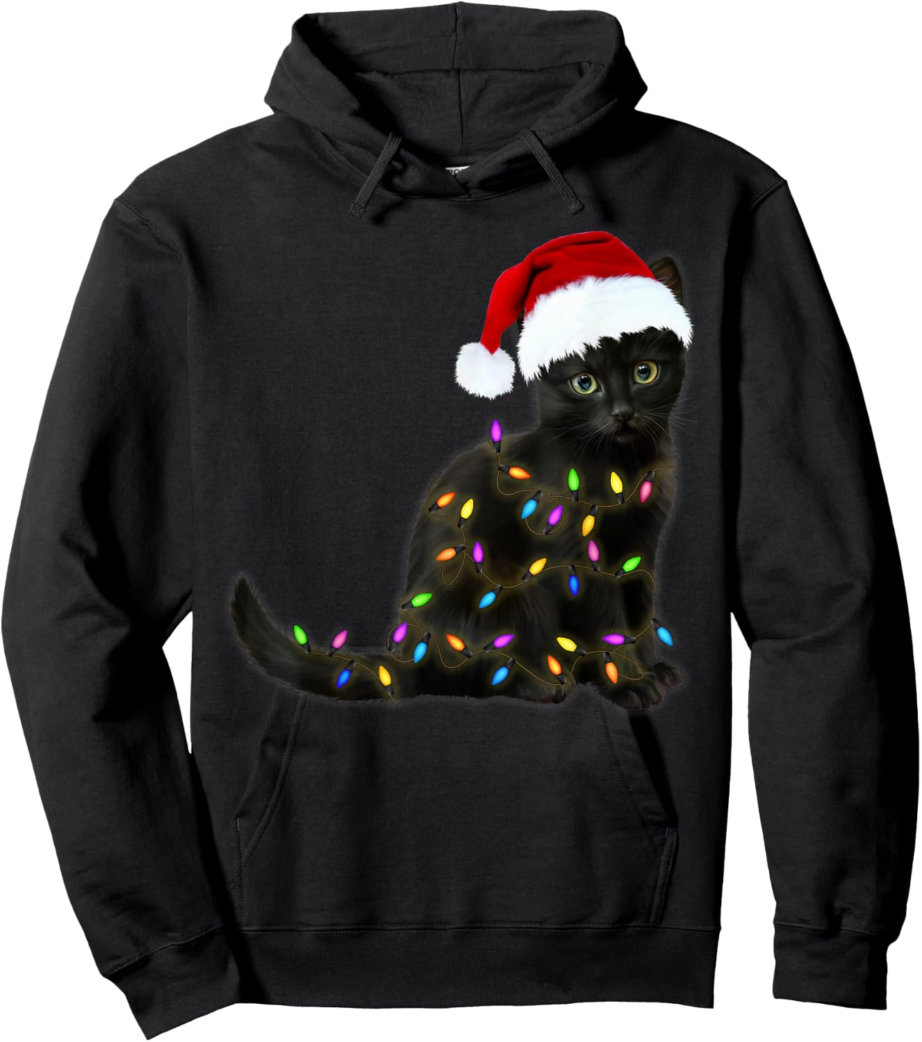 Black Cat with Christmas Light Funny Cat Lover Christmas Hoodie - Hoodie | Black
