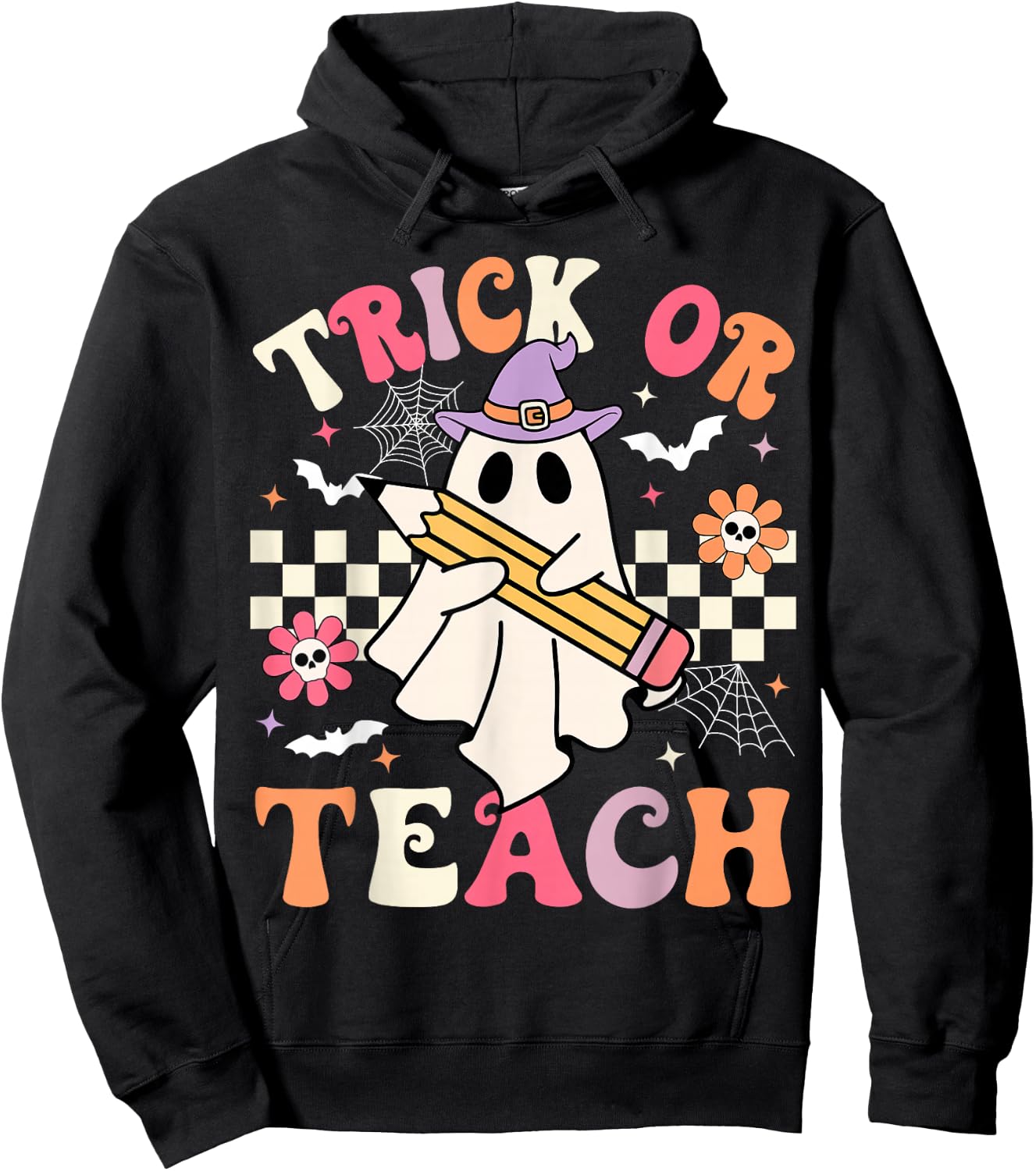 Trick Or Teach Groovy Teacher Halloween Retro Floral Ghost Hoodie - Hoodie | Black