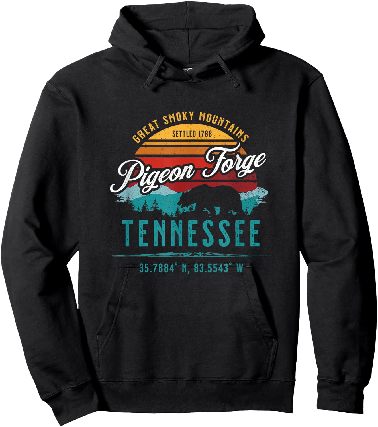 Pigeon Forge Tennessee Great Smoky Mountains Bear Retro Sun Hoodie - Hoodie | Black