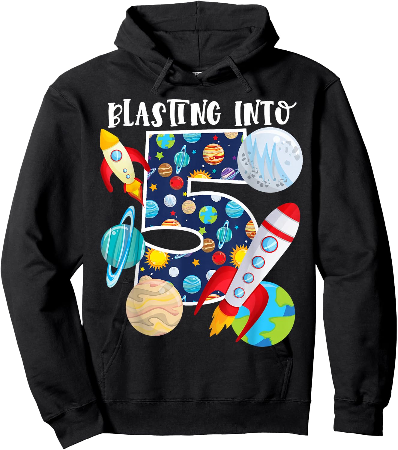 Blasting Into Outer Space 5 Year Old 5th Birthday Party Kids Hoodie - Hoodie | Black