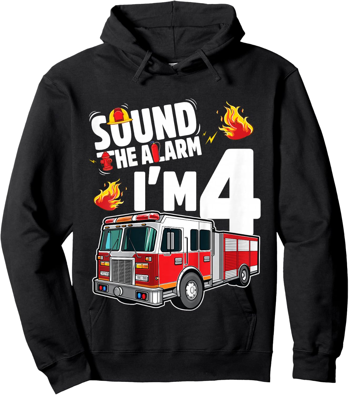 Fire Truck 4th Birthday Boy Firefighter 4 Year Old Hoodie - Hoodie | Black