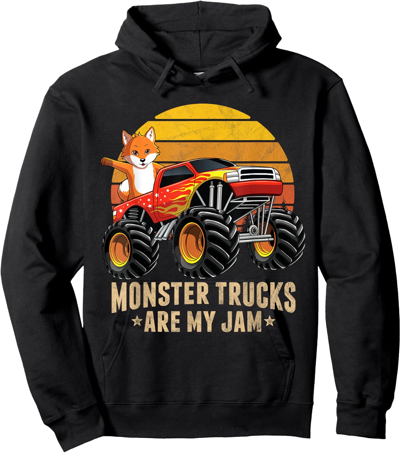 Vintage Fox Monster Truck Are My Jam Retro Sunset Boys Gift Hoodie - Hoodie | Black