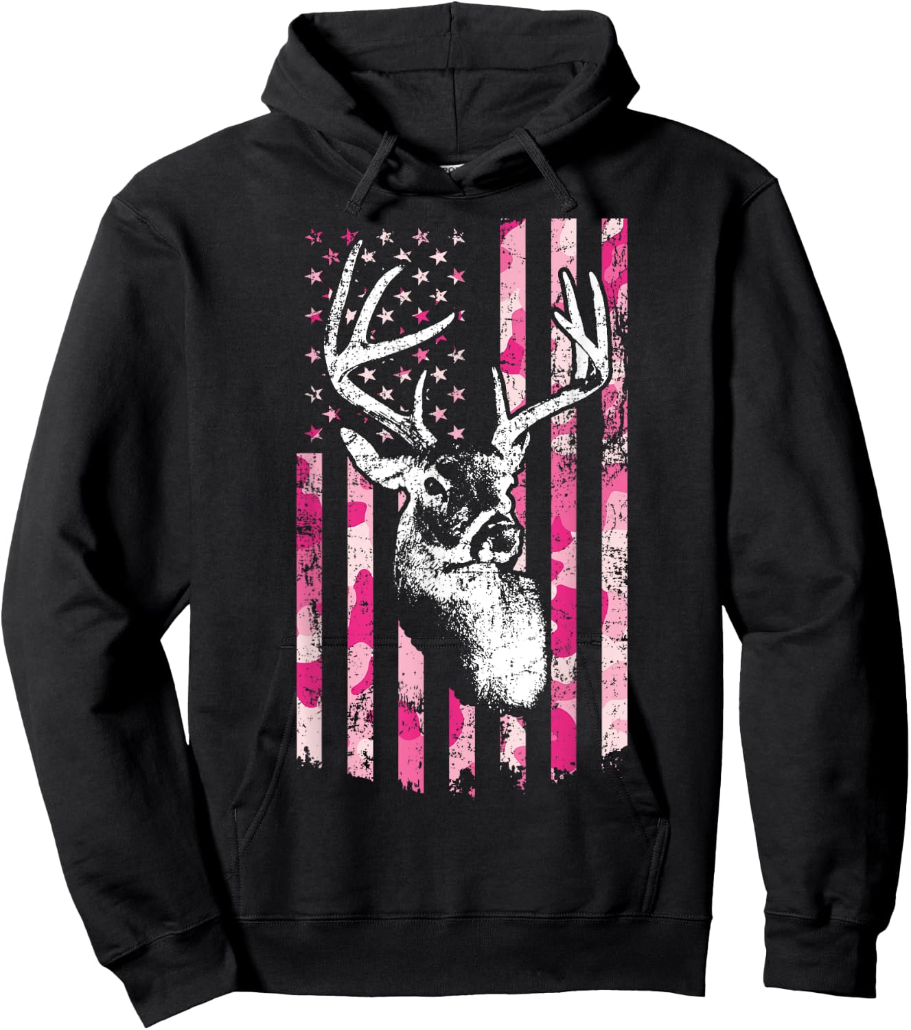 Whitetail Buck Deer Hunting Pink Camo American Flag Hoodie - Hoodie | Black