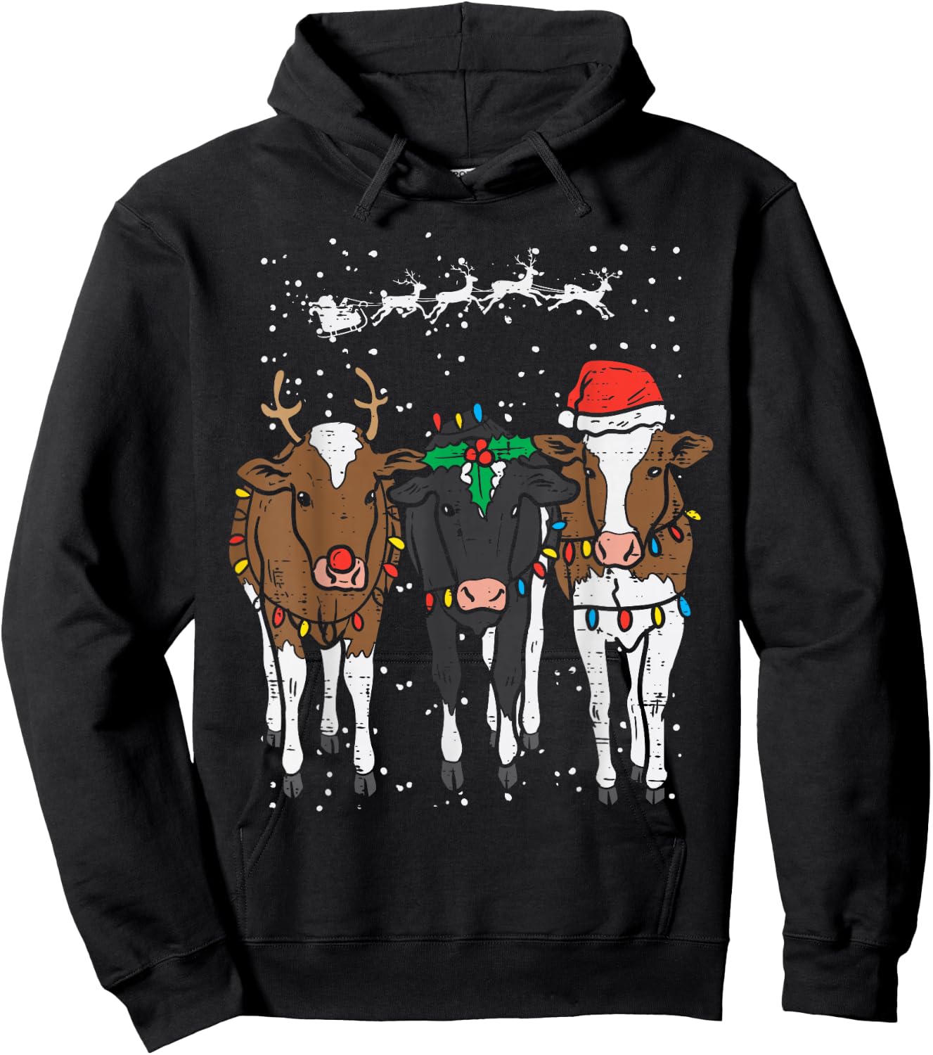 Reindeer Santa Cows Funny Farm Christmas Animal Lover PJ Hoodie - Hoodie | Black