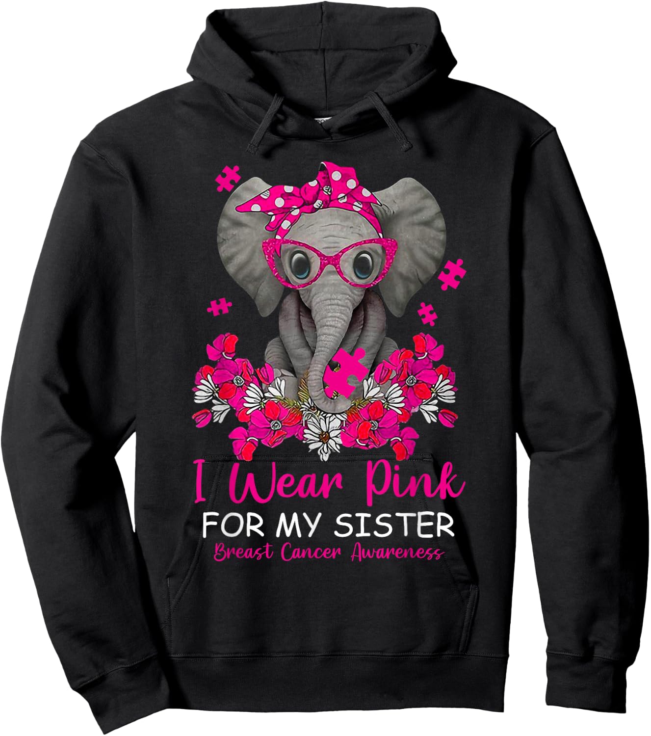 I Wear Pink For My Sister Elephant Breast Cancer Awareness Hoodie - Hoodie | Black