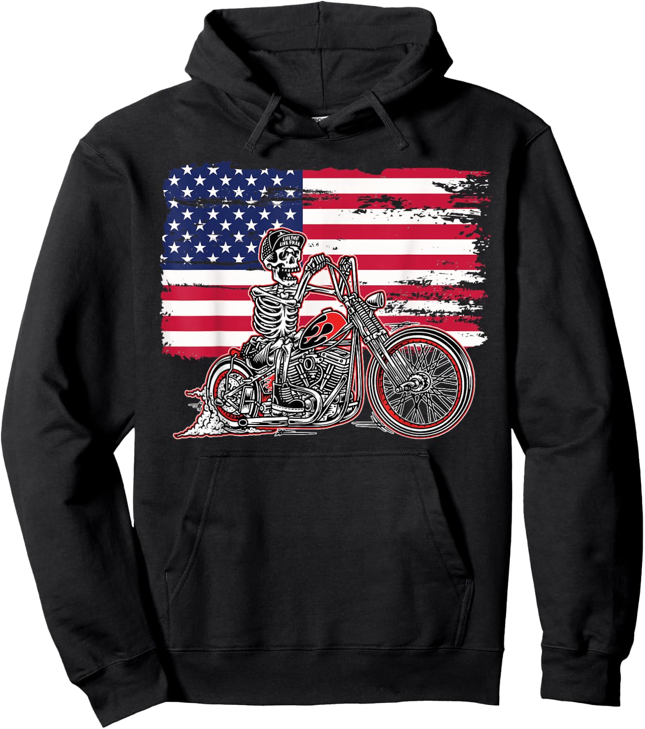 American Flag Motorcycle Skeleton Biker Bobber Chopper Rider Hoodie - Hoodie | Black