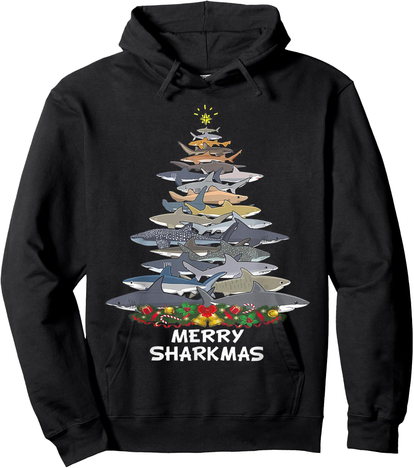 Merry Sharkmas Funny Shark Tree Xmas Hoodie - Hoodie | Black