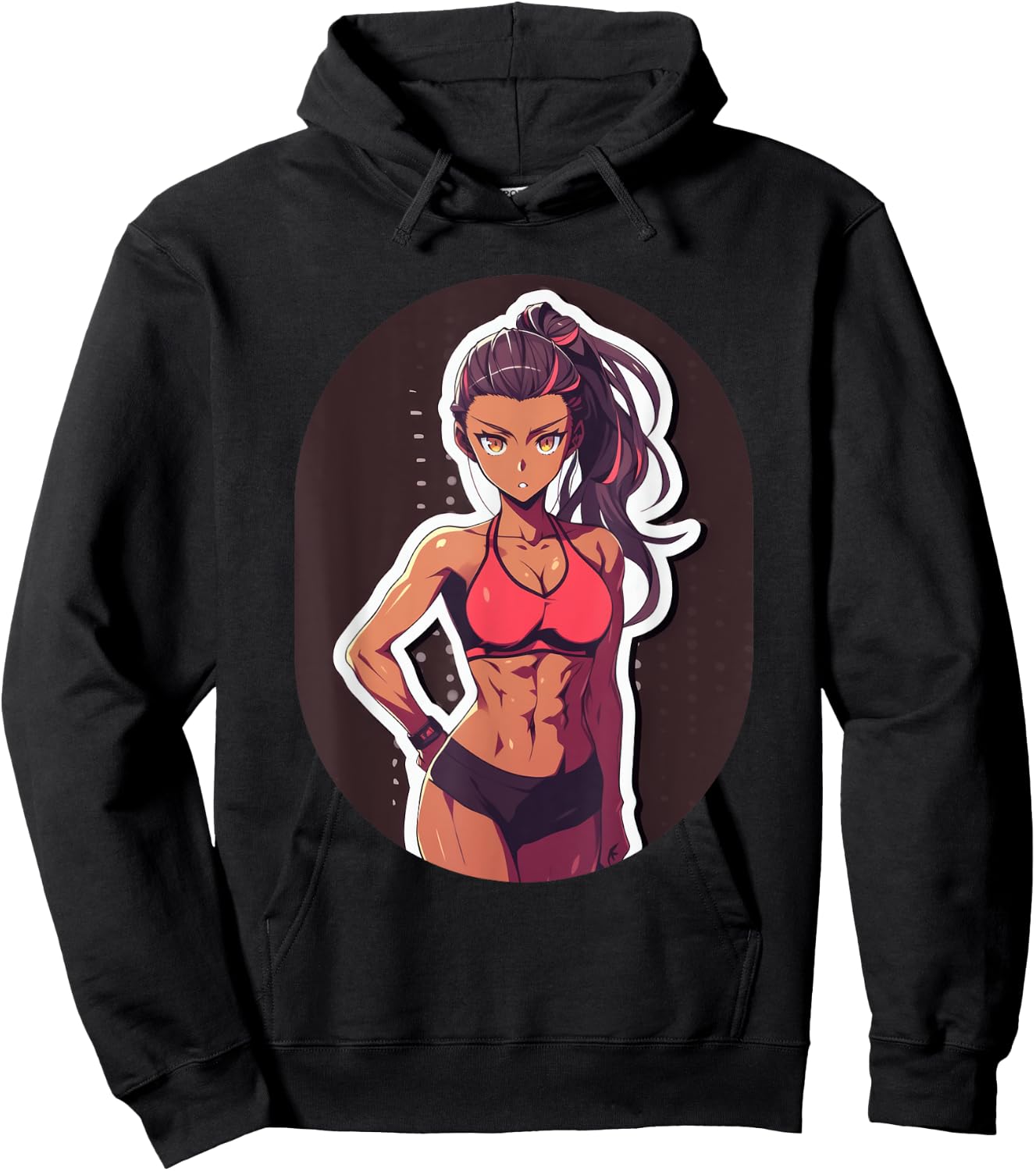 Dark Skin Anime & Manga Style Gym Girl Posing in Gym Clothes Hoodie - Hoodie | Black