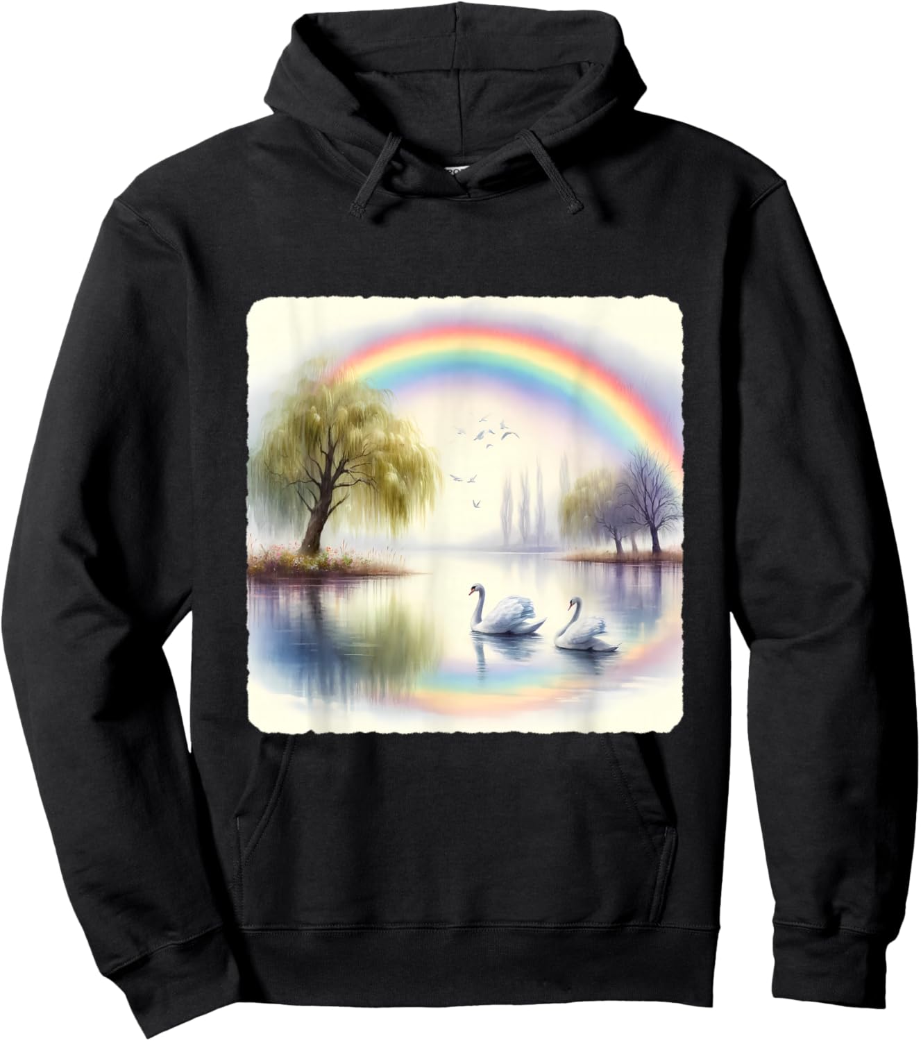 Rainbow Over Swan Lake With Swans. Willow Trees Peaceful Hoodie - Hoodie | Black