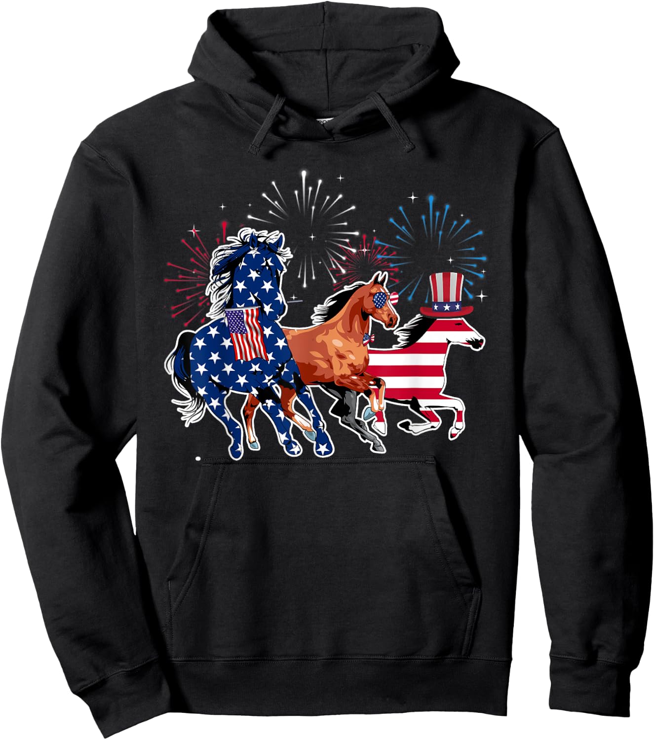Happy 4th Of July American Flag Red White Horse And Blue Kids Men Hoodie - Hoodie | Black