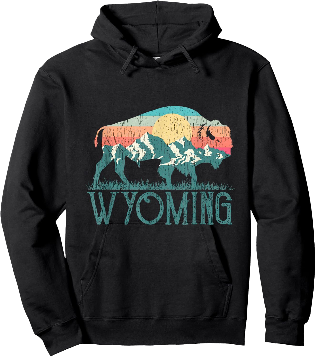 Bison Buffalo Retro Wyoming WY Mountains Retro Hoodie - Hoodie | Black