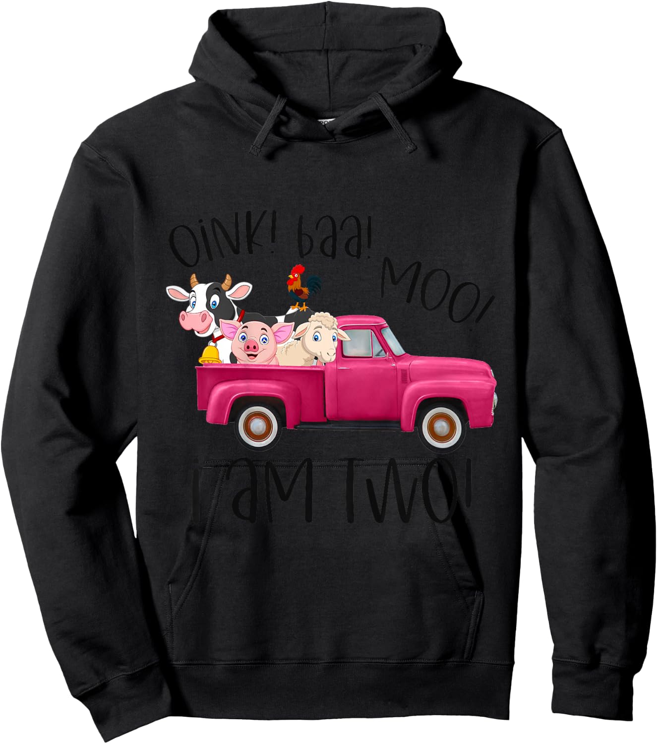 Oink Baa Moo I Am Two Farm Animals Pink Truck Birthday Girl Hoodie - Hoodie | Black