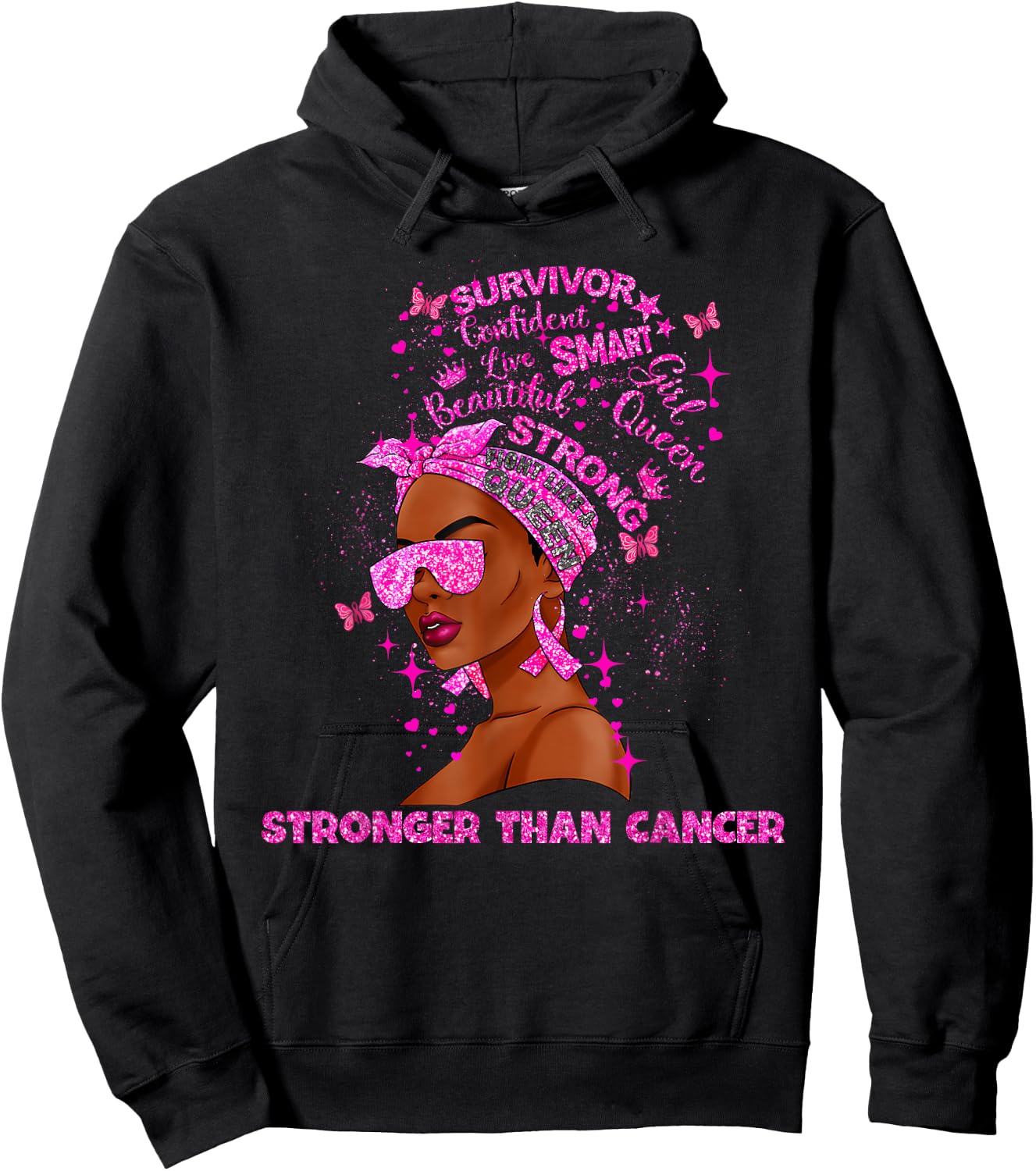 Black Women Queen Stronger Than Breast Cancer Pink Ribbon Hoodie - Hoodie | Black