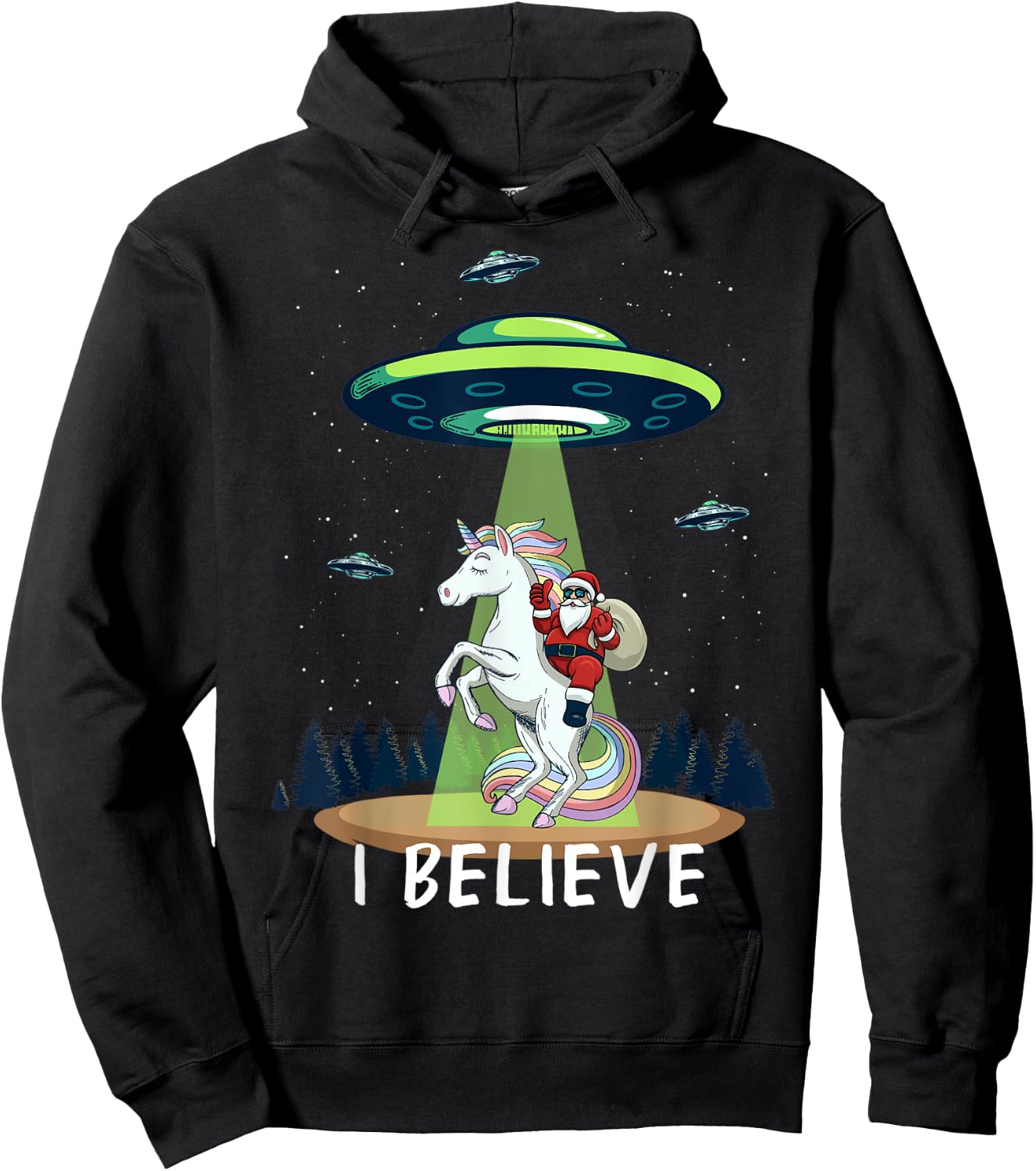 Santa Claus Riding Unicorn Alien space UFO Christmas Design Hoodie - Hoodie | Black