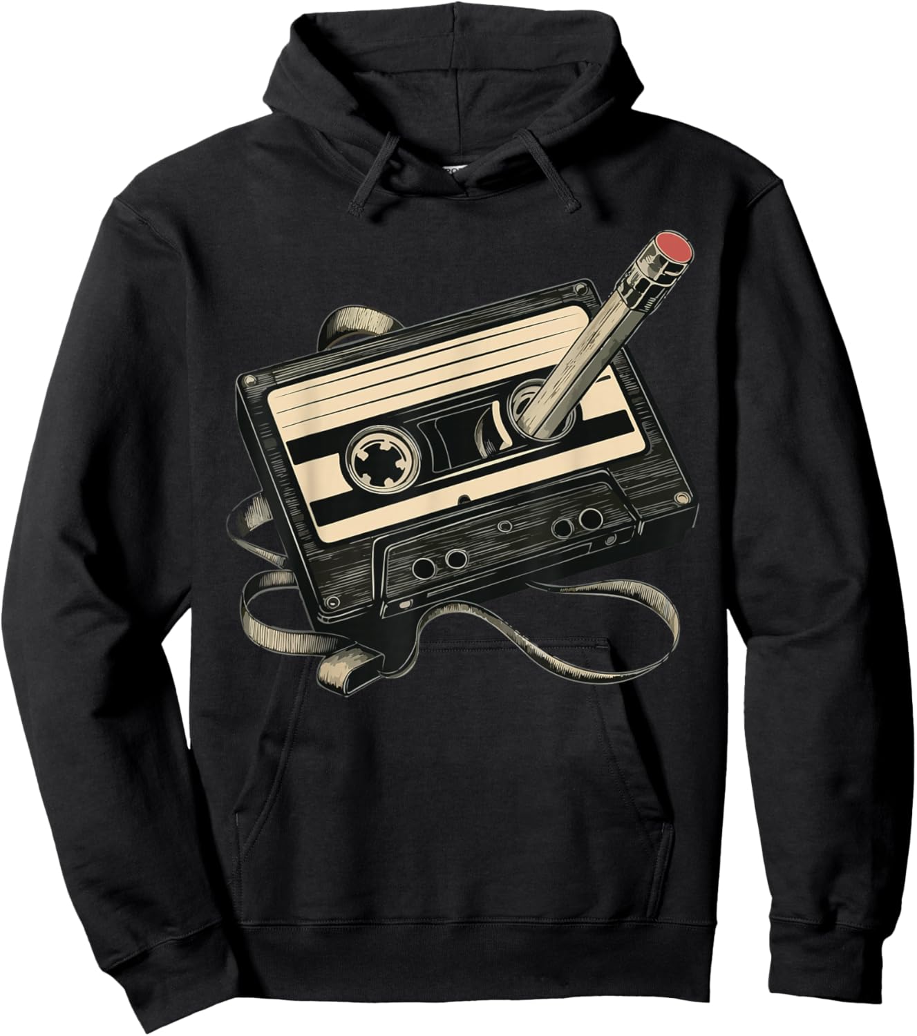 Retro Cassette Tape with Pencil Rewind Hoodie - Hoodie | Black