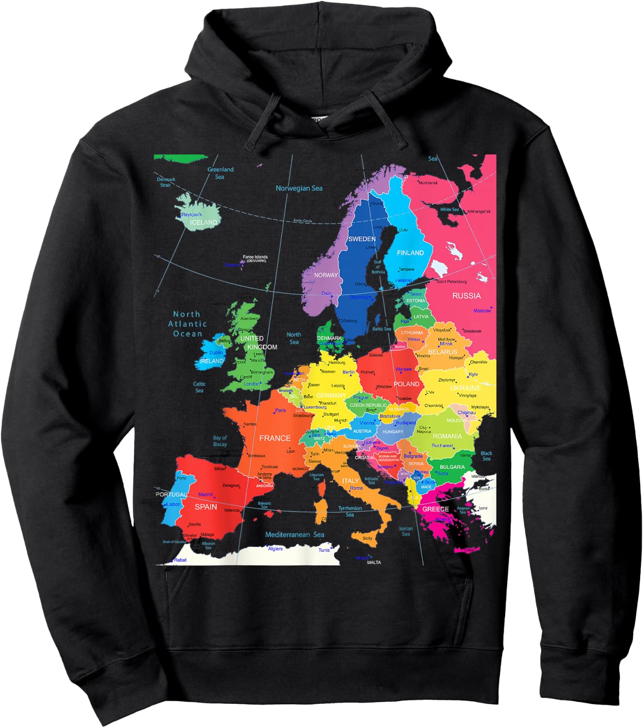 Map of Europe with Border, Countries, Capitals, Large Cities Hoodie - Hoodie | Black